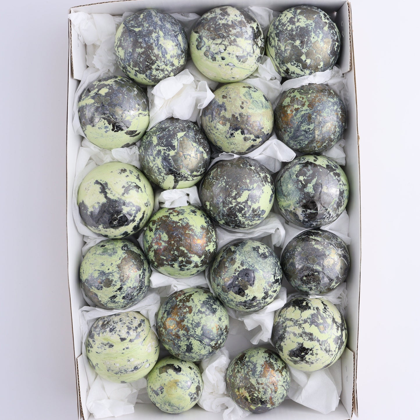 Serpentine Spheres Set of 19 - Expert Wholesale and Supplier of Wholesale Crystals & Bulk Gemstones, ["Peru","serpentine","Spheres"]