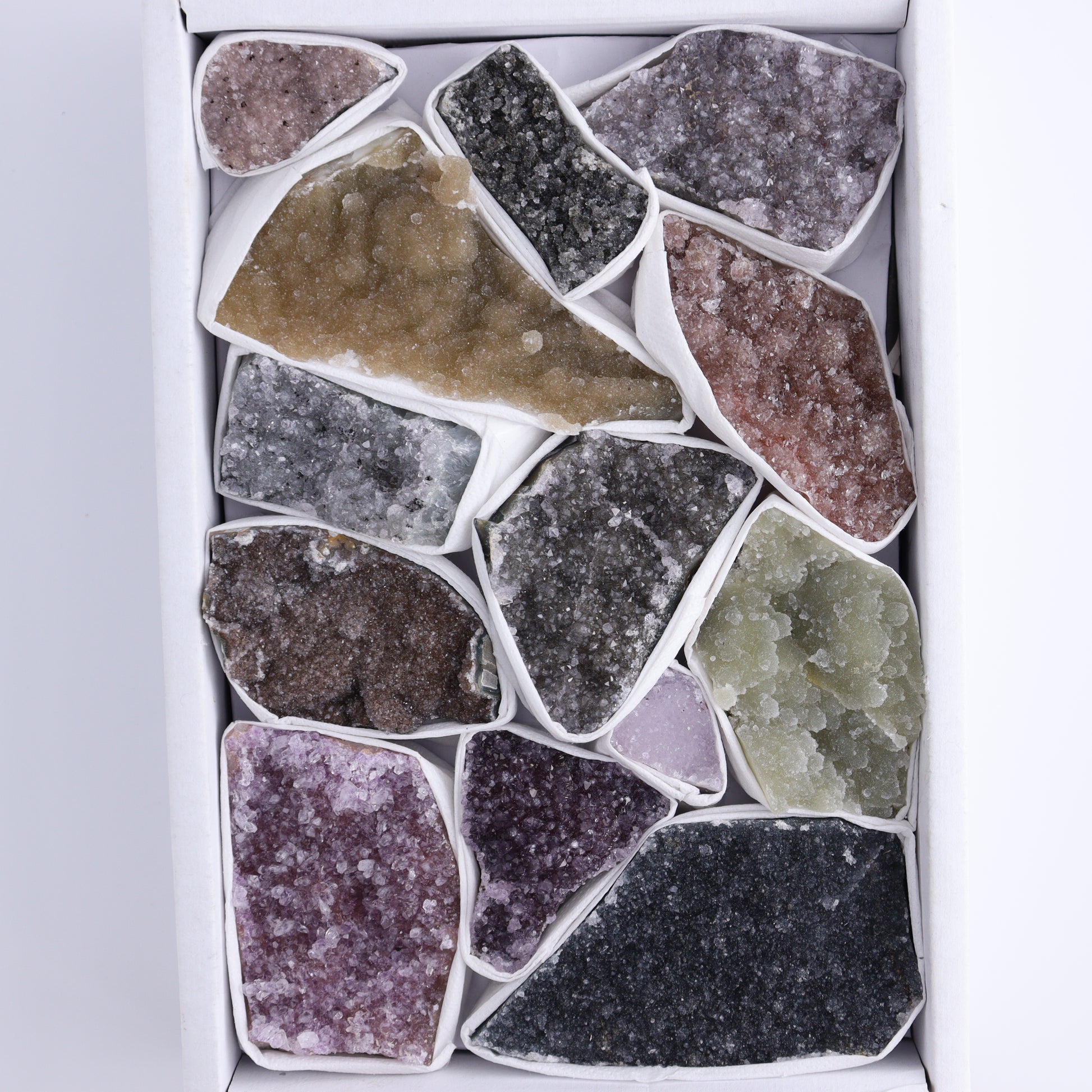 Uruguay Rainbow Amethyst Clusters Flat of 13 - Expert Wholesale and Supplier of Wholesale Crystals & Bulk Gemstones, ["Amethyst","Clusters","Rainbow Amethyst","Sugar Rainbow Amethyst","Uruguay"]