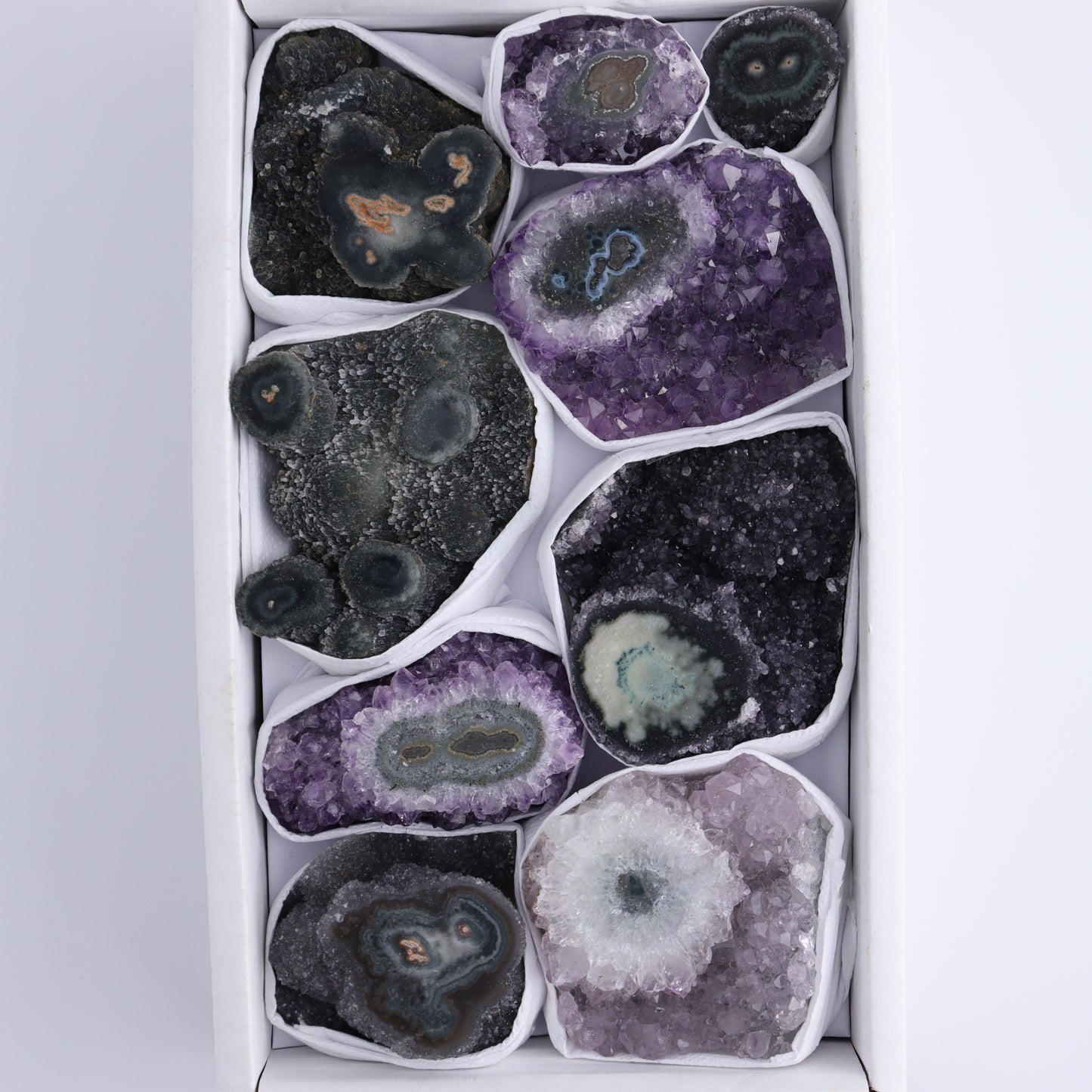 Uruguay Amethyst Clusters with "Eyes" Flat of 9 - Expert Wholesale and Supplier of Wholesale Crystals & Bulk Gemstones, ["Amethyst","Clusters","Eyes Amethyst","Uruguay"]