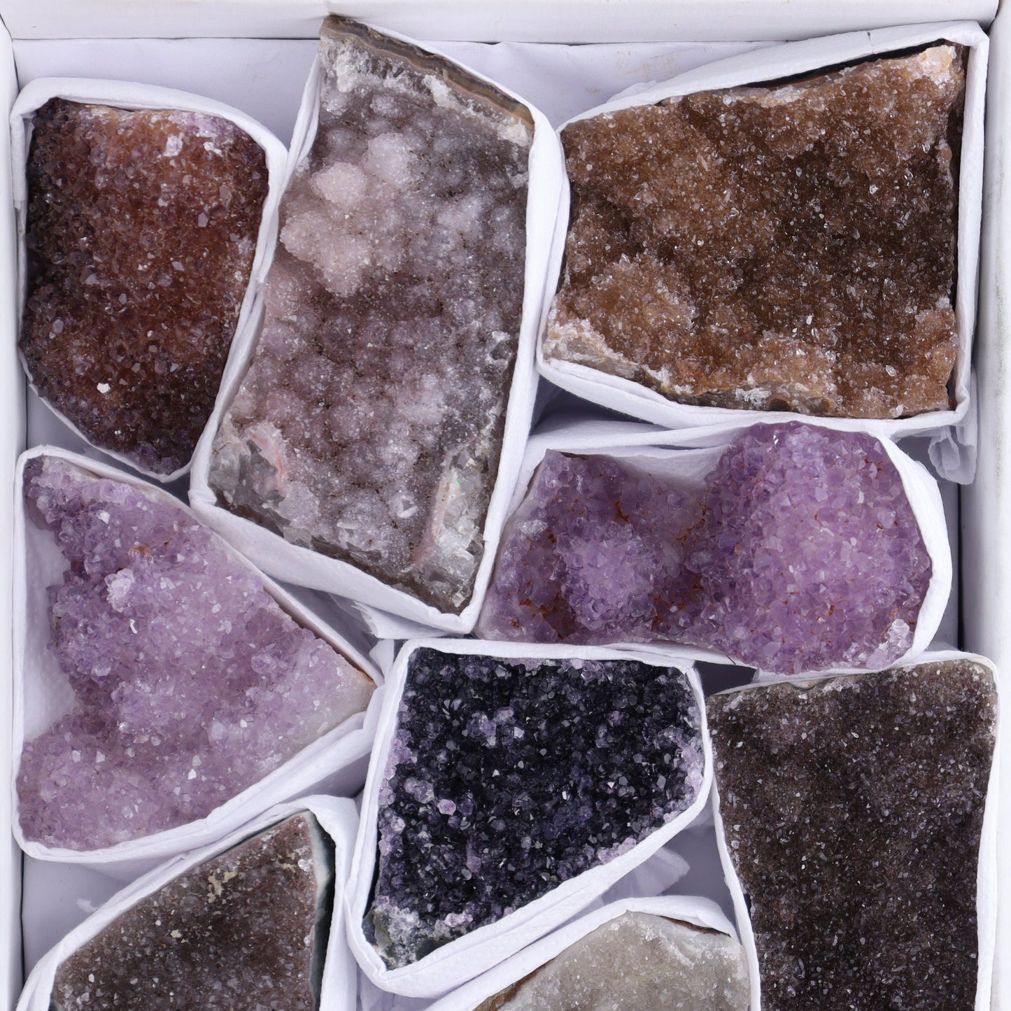 Uruguay Rainbow Amethyst Clusters Flat of 12