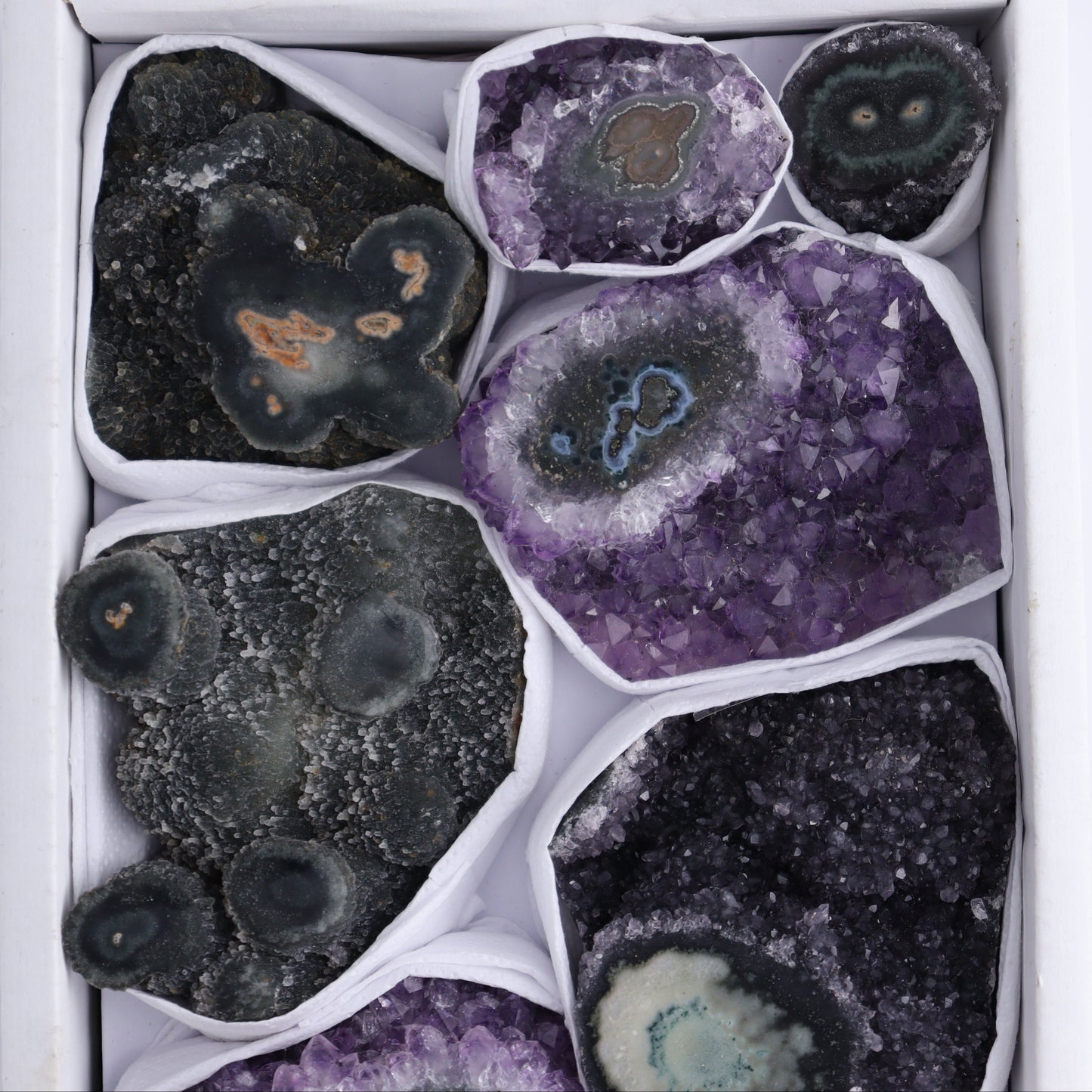 Uruguay Amethyst Clusters with "Eyes" Flat of 9 - Expert Wholesale and Supplier of Wholesale Crystals & Bulk Gemstones, ["Amethyst","Clusters","Eyes Amethyst","Uruguay"]