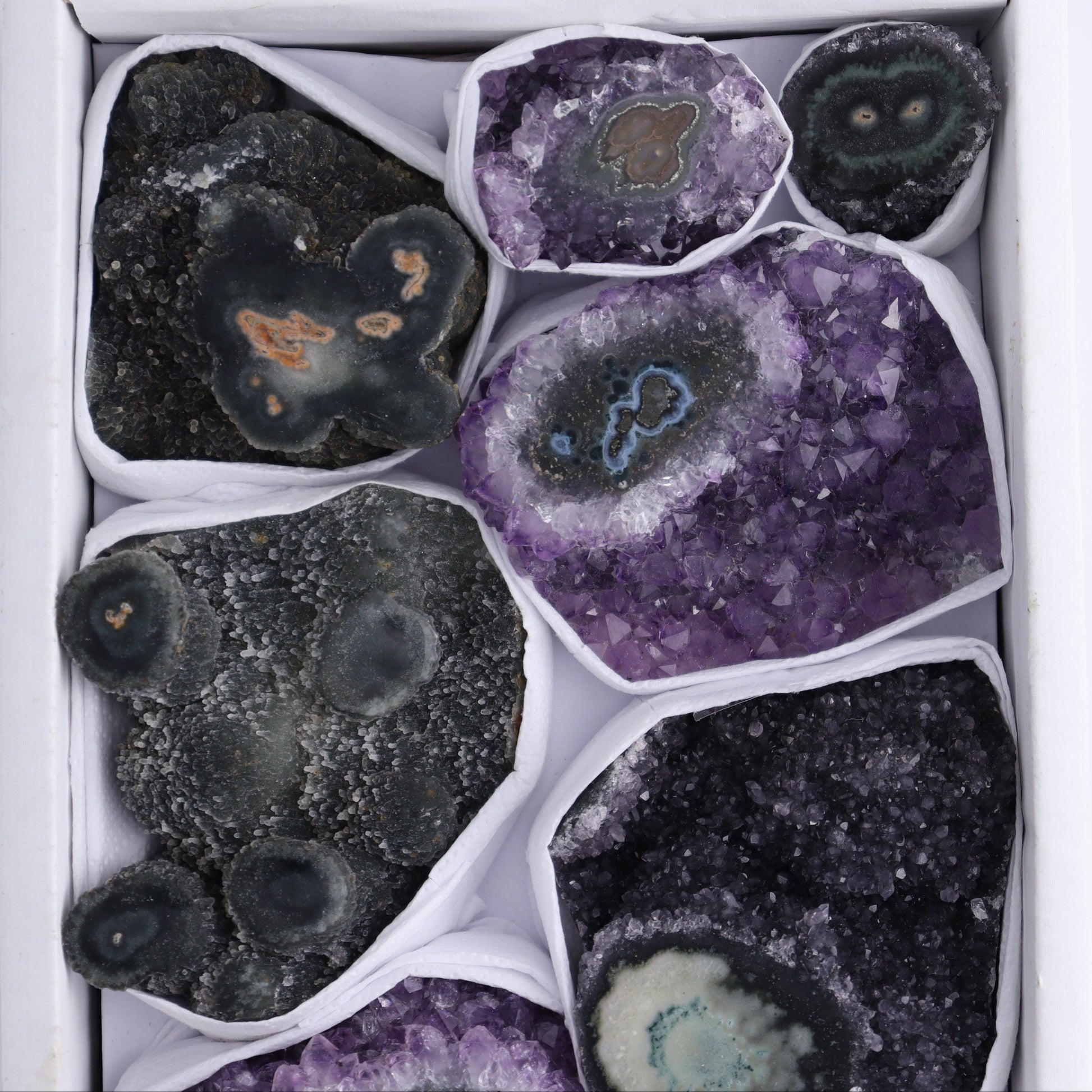 Uruguay Amethyst Clusters with "Eyes" Flat of 9 - Expert Wholesale and Supplier of Wholesale Crystals & Bulk Gemstones, ["Amethyst","Clusters","Eyes Amethyst","Uruguay"]