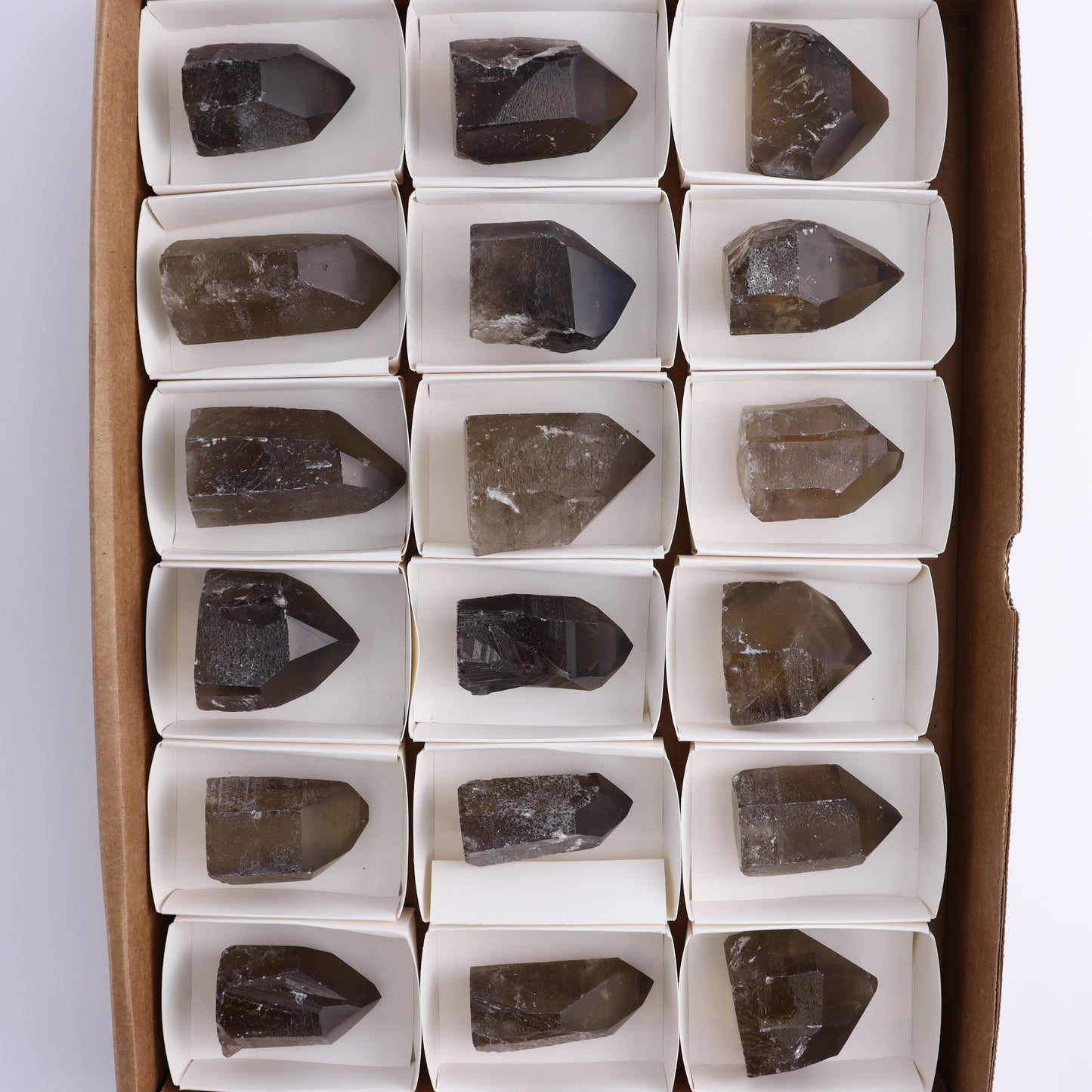 Smoky Quartz Polished Tops Set of 18 - Expert Wholesale and Supplier of Wholesale Crystals & Bulk Gemstones, ["Brazil","close_70","Points","Polished Tip","Quartz","Smoky Quartz"]
