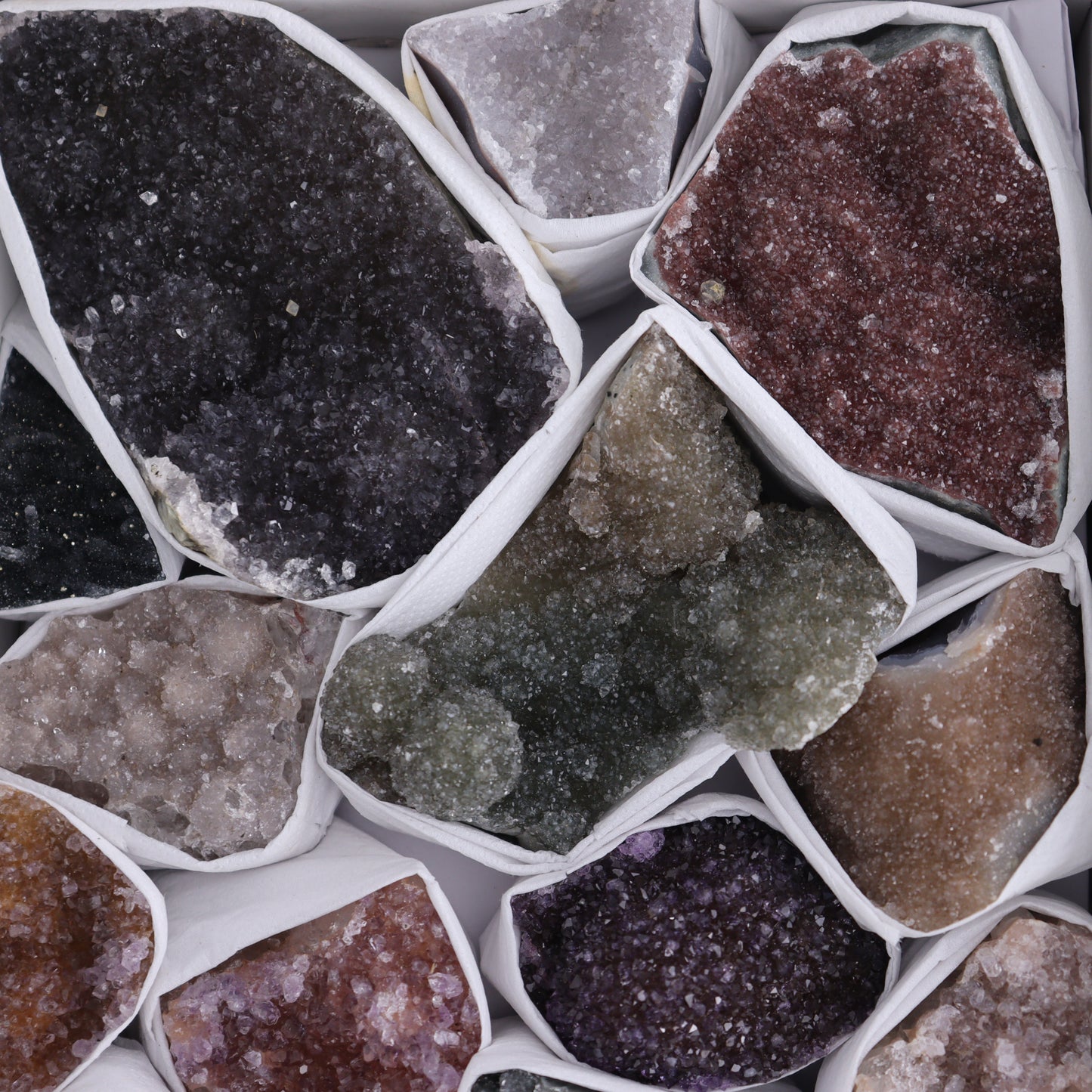Uruguay Rainbow Amethyst Clusters Flat of 17 - Expert Wholesale and Supplier of Wholesale Crystals & Bulk Gemstones, ["Amethyst","Clusters","Rainbow Amethyst","Sugar Rainbow Amethyst","Uruguay"]
