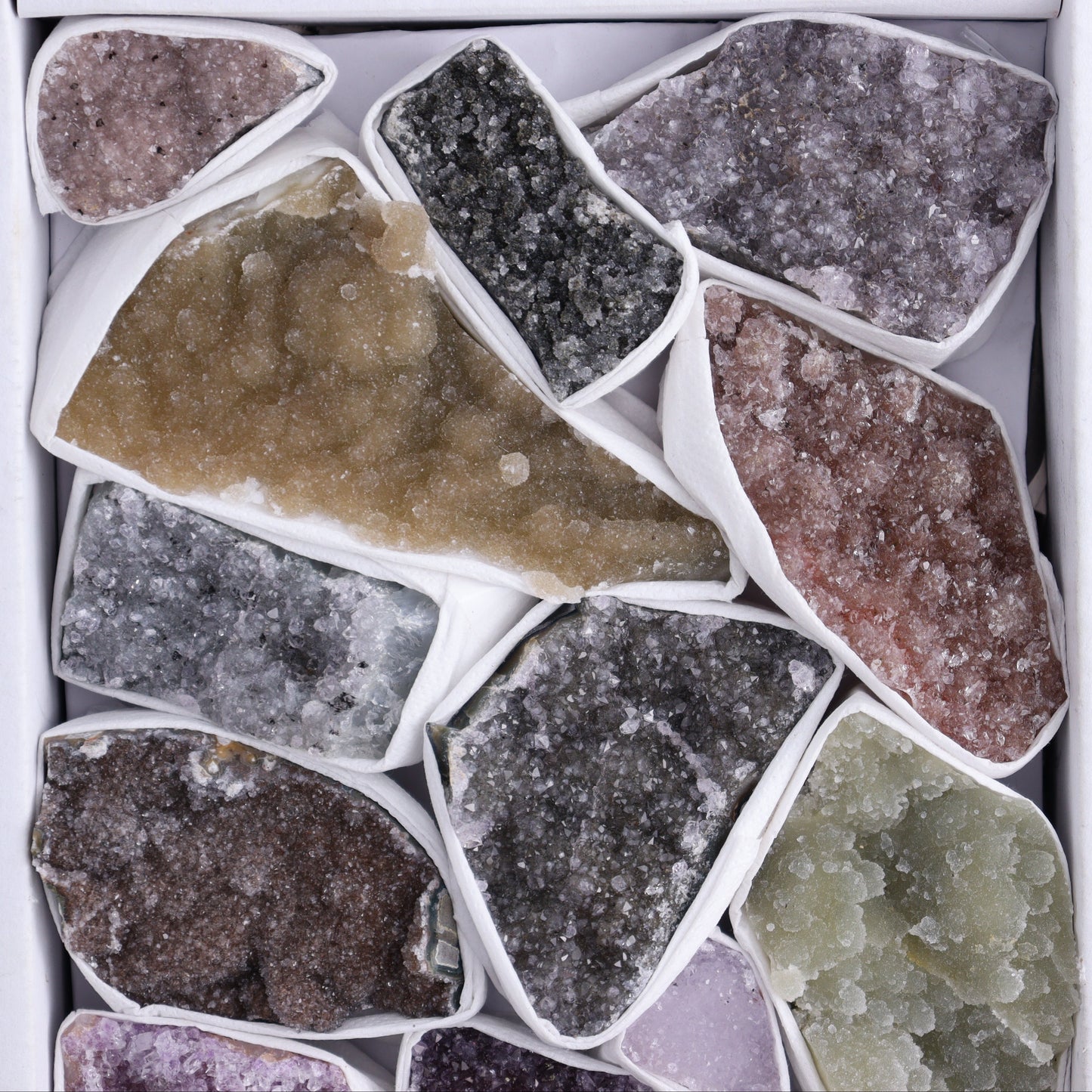 Uruguay Rainbow Amethyst Clusters Flat of 13 - Expert Wholesale and Supplier of Wholesale Crystals & Bulk Gemstones, ["Amethyst","Clusters","Rainbow Amethyst","Sugar Rainbow Amethyst","Uruguay"]