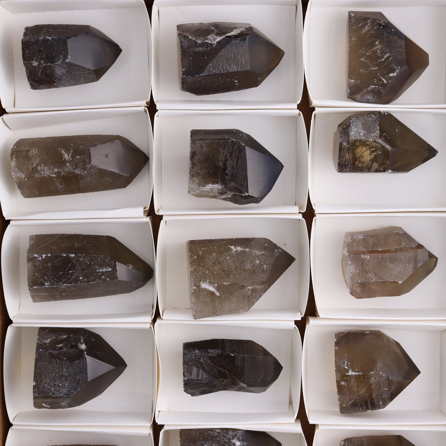 Smoky Quartz Polished Tops Set of 18 - Expert Wholesale and Supplier of Wholesale Crystals & Bulk Gemstones, ["Brazil","close_70","Points","Polished Tip","Quartz","Smoky Quartz"]