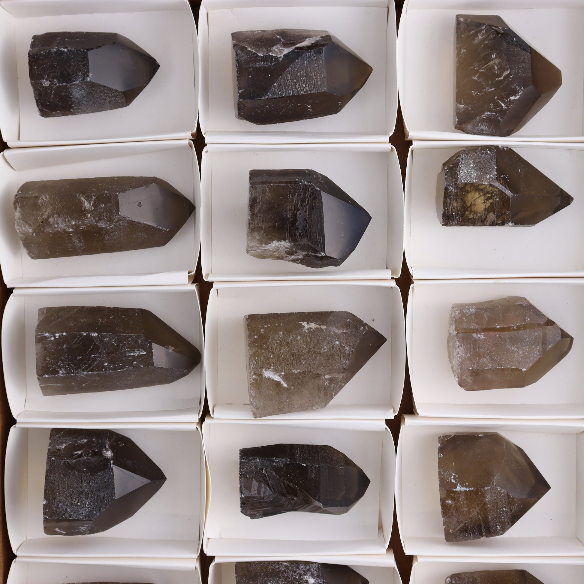 Smoky Quartz Polished Tops Set of 18 - Expert Wholesale and Supplier of Wholesale Crystals & Bulk Gemstones, ["Brazil","close_70","Points","Polished Tip","Quartz","Smoky Quartz"]