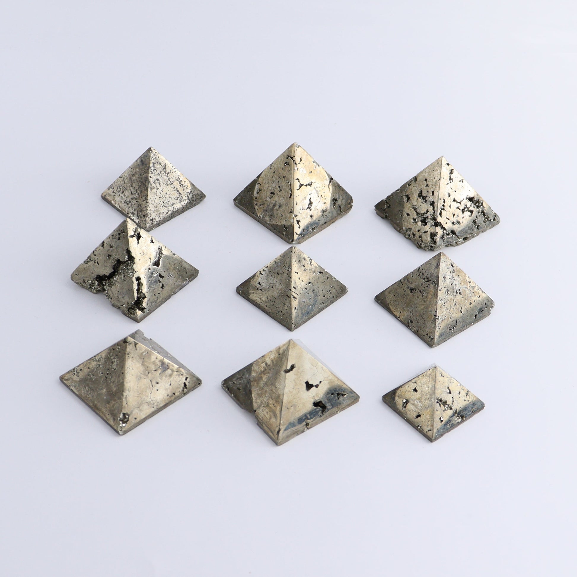 Pyrite Pyramids Set of 9 - Expert Wholesale and Supplier of Wholesale Crystals & Bulk Gemstones, ["Pyramids","Pyrite"]