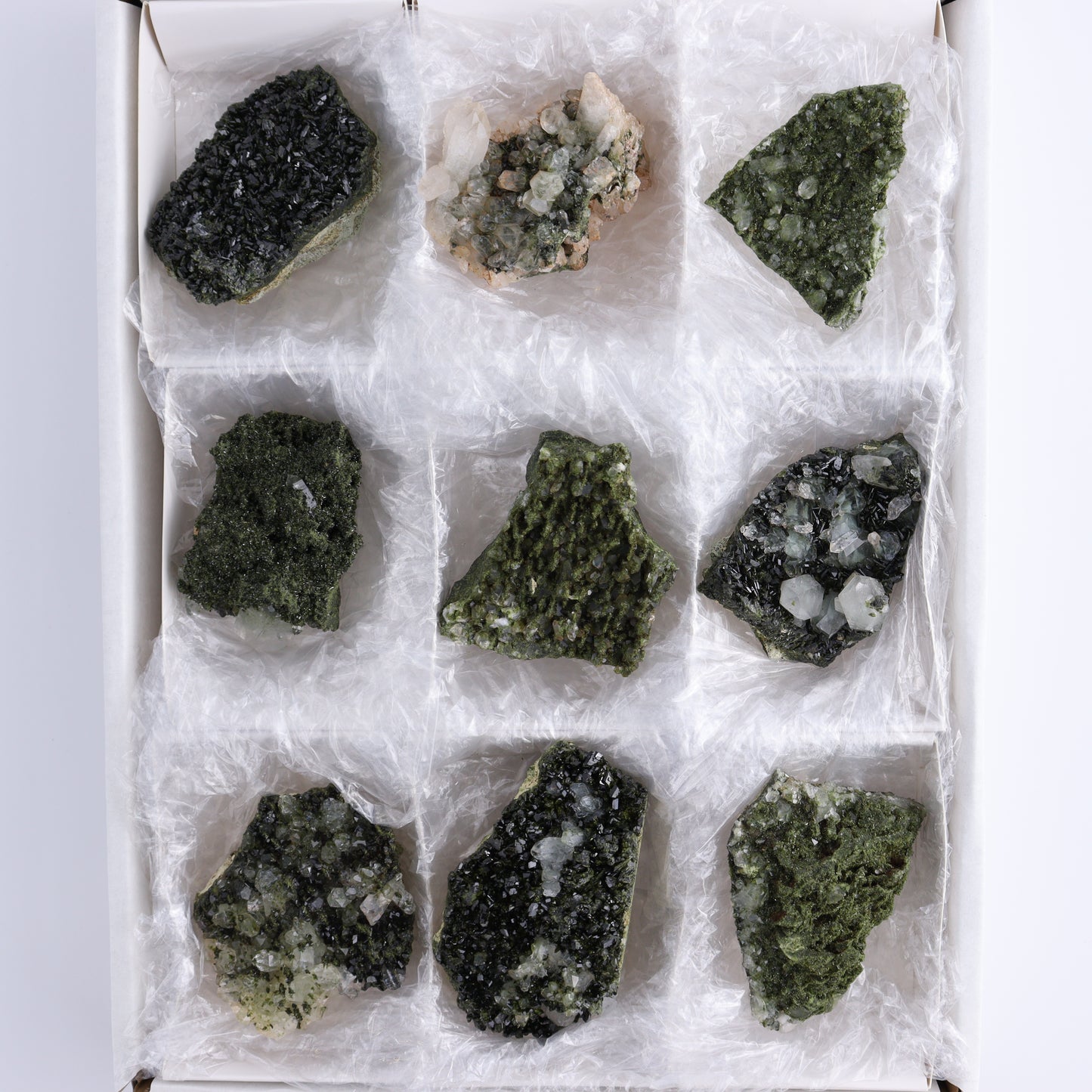 Epidote Set of 9 - Expert Wholesale and Supplier of Wholesale Crystals & Bulk Gemstones, ["epidote","flat","Flats"]