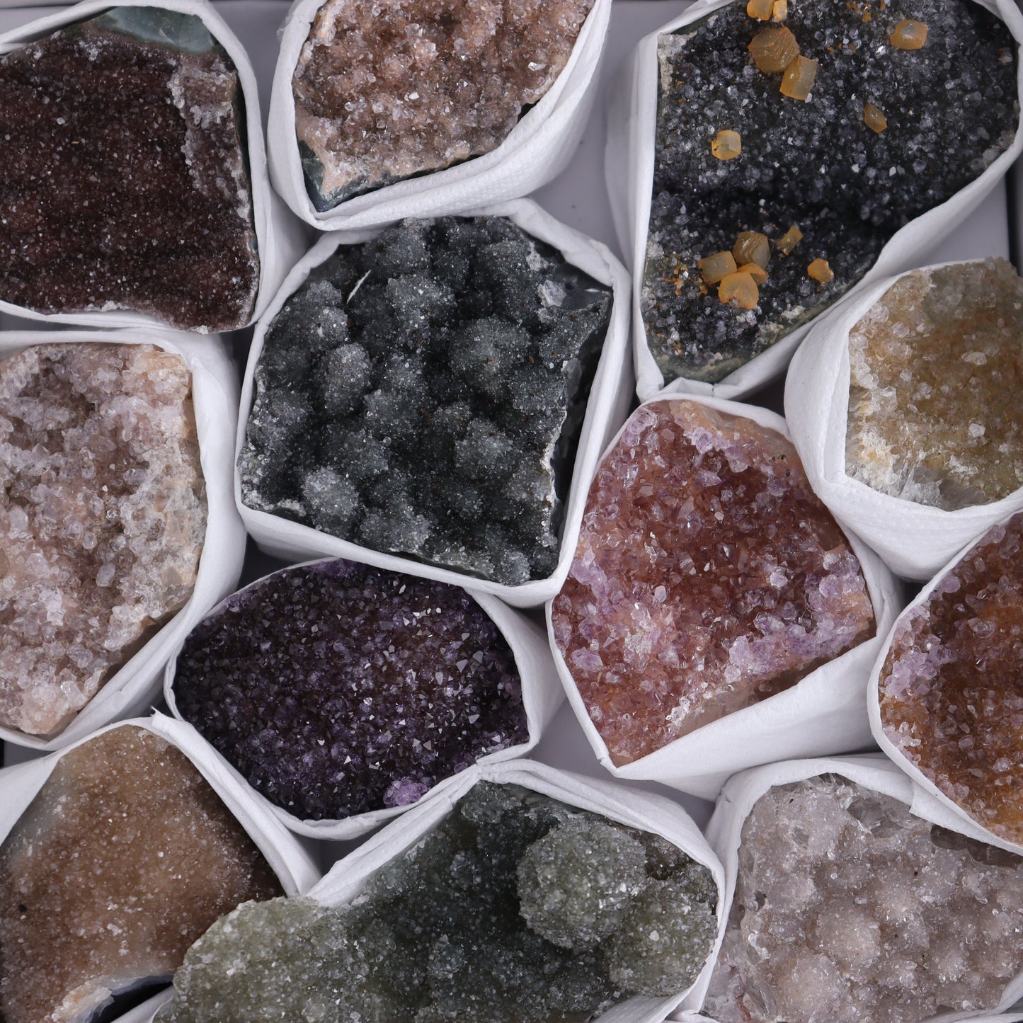 Uruguay Rainbow Amethyst Clusters Flat of 17 - Expert Wholesale and Supplier of Wholesale Crystals & Bulk Gemstones, ["Amethyst","Clusters","Rainbow Amethyst","Sugar Rainbow Amethyst","Uruguay"]