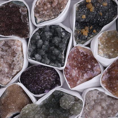 Uruguay Rainbow Amethyst Clusters Flat of 17 - Expert Wholesale and Supplier of Wholesale Crystals & Bulk Gemstones, ["Amethyst","Clusters","Rainbow Amethyst","Sugar Rainbow Amethyst","Uruguay"]