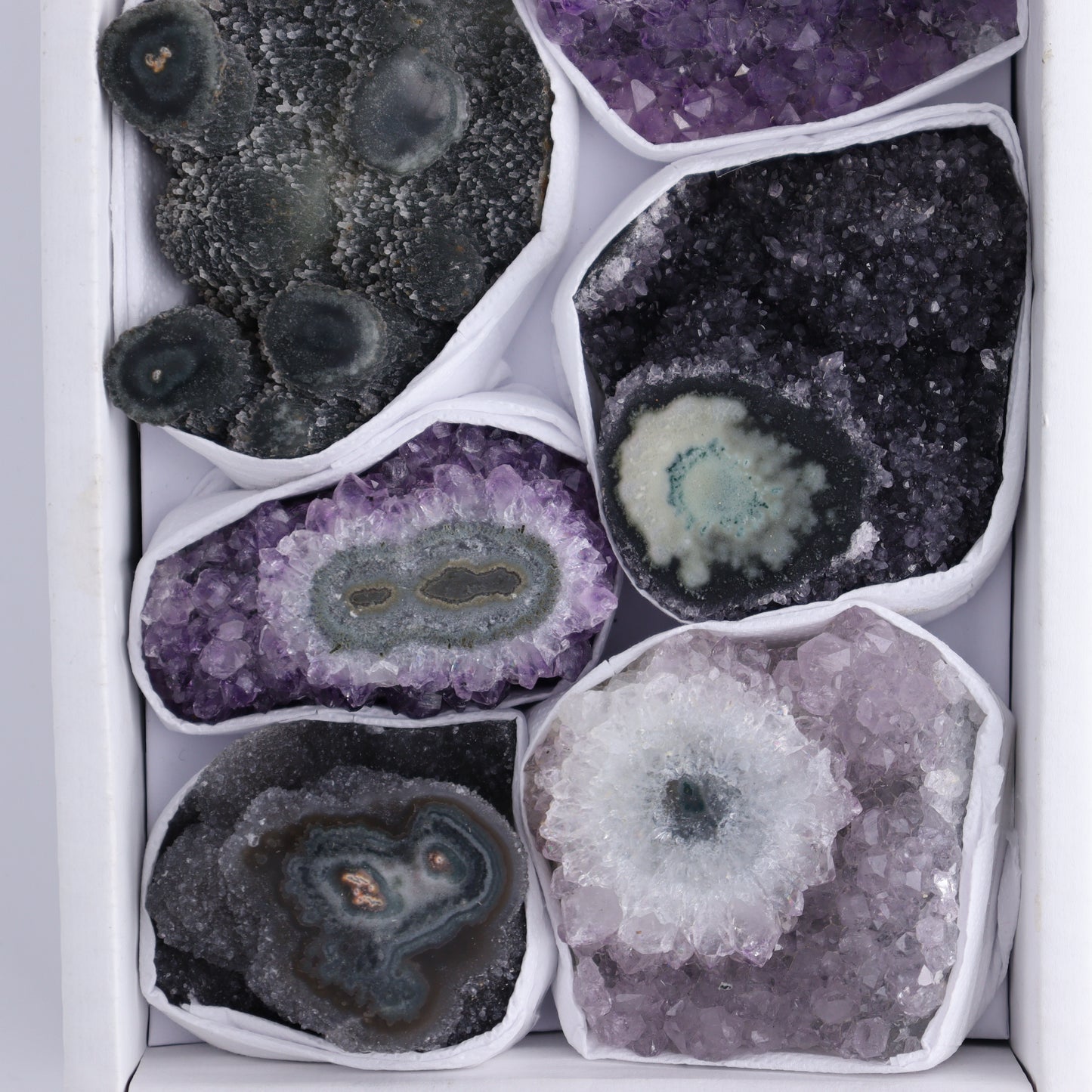 Uruguay Amethyst Clusters with "Eyes" Flat of 9 - Expert Wholesale and Supplier of Wholesale Crystals & Bulk Gemstones, ["Amethyst","Clusters","Eyes Amethyst","Uruguay"]