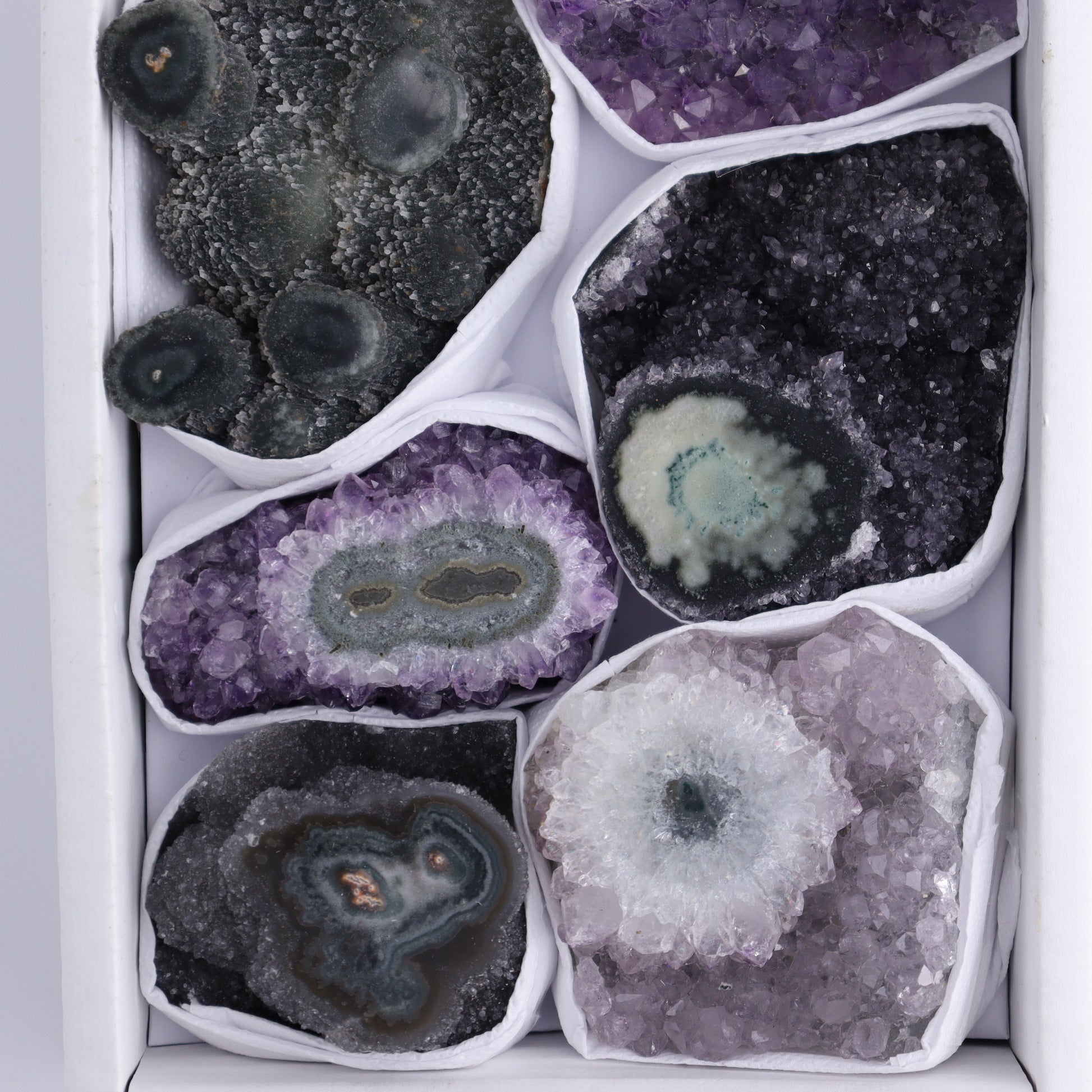 Uruguay Amethyst Clusters with "Eyes" Flat of 9 - Expert Wholesale and Supplier of Wholesale Crystals & Bulk Gemstones, ["Amethyst","Clusters","Eyes Amethyst","Uruguay"]
