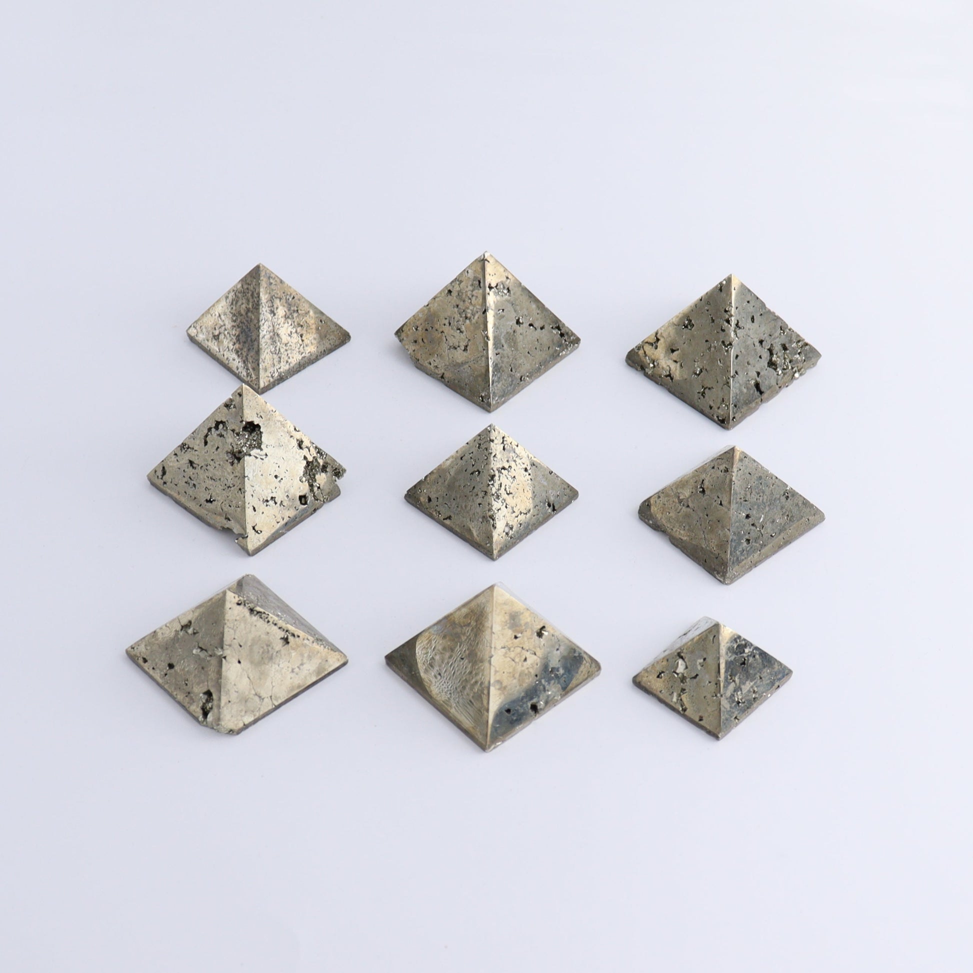 Pyrite Pyramids Set of 9 - Expert Wholesale and Supplier of Wholesale Crystals & Bulk Gemstones, ["Pyramids","Pyrite"]