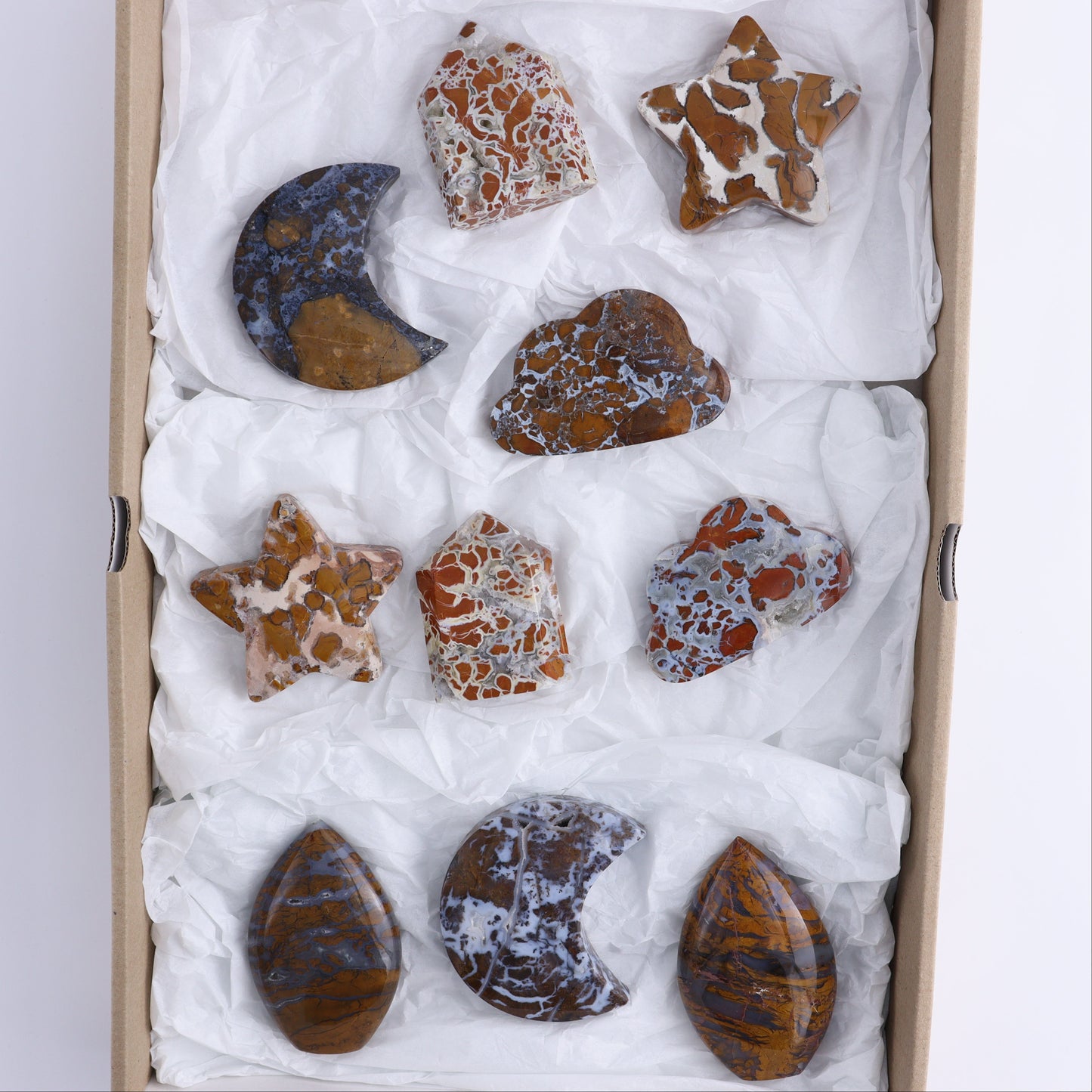 Brecciated Jasper Moons, Stars, Towers, Clouds, and Flames Set of 10 - Expert Wholesale and Supplier of Wholesale Crystals & Bulk Gemstones, ["Brecciated Jasper","Clouds","flames","Indonesia","moons","stars","Towers"]