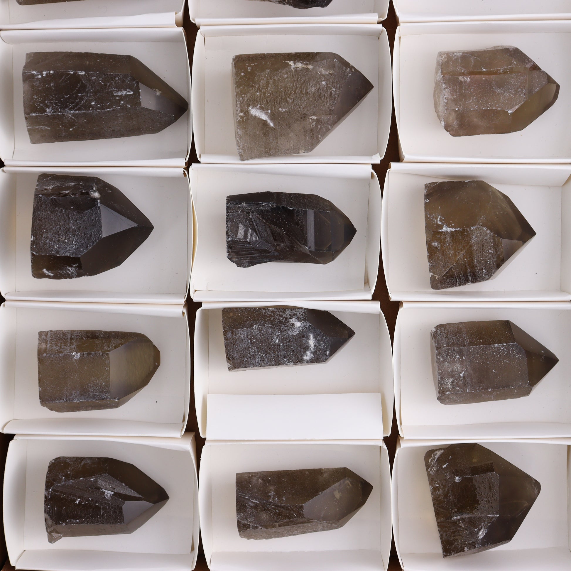 Smoky Quartz Polished Tops Set of 18 - Expert Wholesale and Supplier of Wholesale Crystals & Bulk Gemstones, ["Brazil","close_70","Points","Polished Tip","Quartz","Smoky Quartz"]