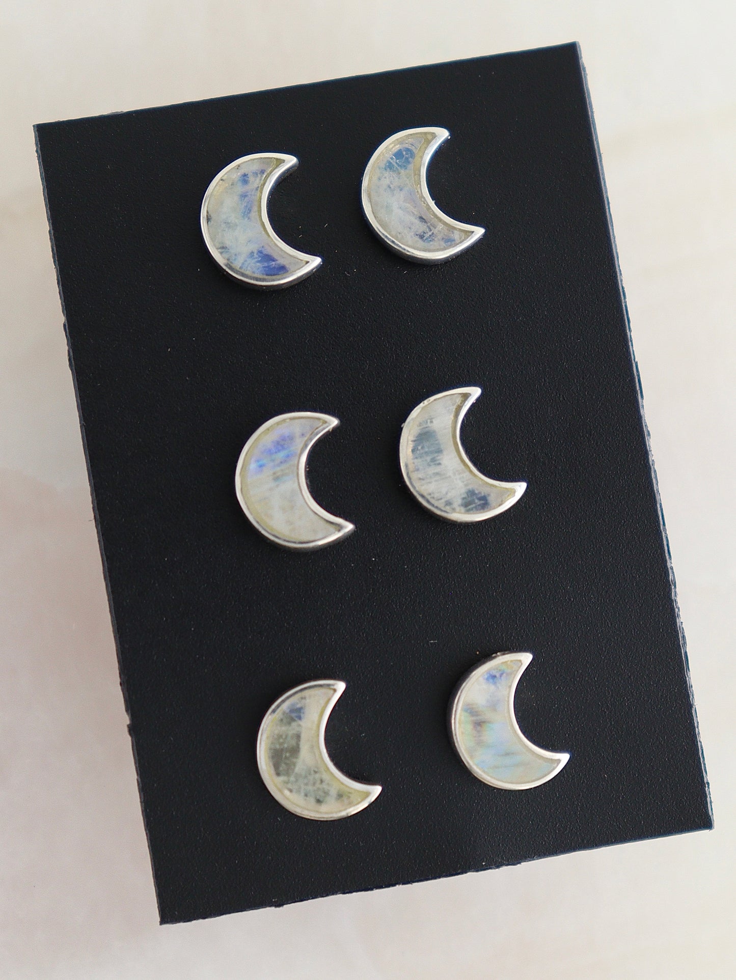 Sterling Silver Rainbow Moonstone Stud Earrings Set of 3