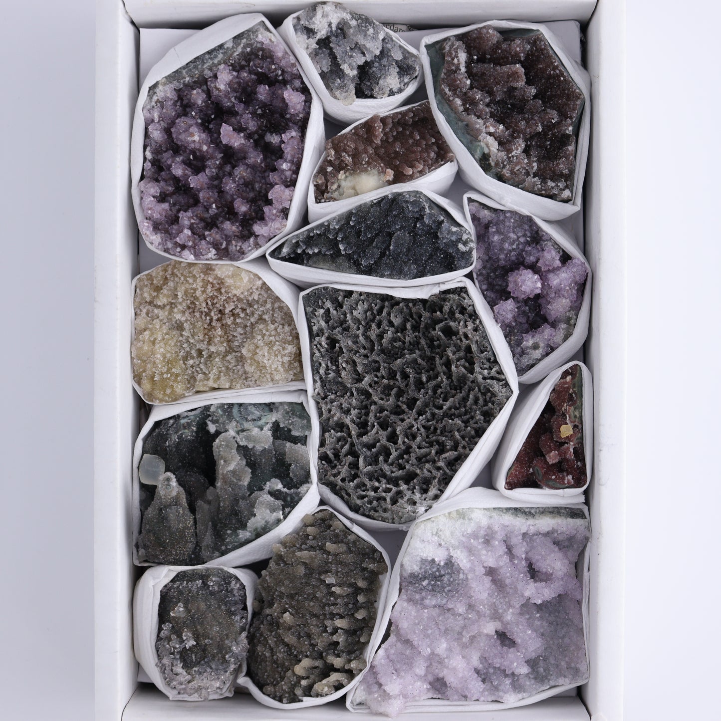Uruguay Amethyst Clusters with Formations Flat of 13 - Expert Wholesale and Supplier of Wholesale Crystals & Bulk Gemstones, ["Amethyst","Calcite","Clusters","Formations","Uruguay"]