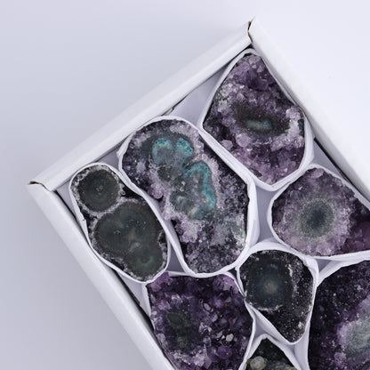 Uruguay Amethyst Clusters with "Eyes" Flat of 10 - Expert Wholesale and Supplier of Wholesale Crystals & Bulk Gemstones, ["Amethyst","Clusters","Eyes Amethyst","Uruguay"]