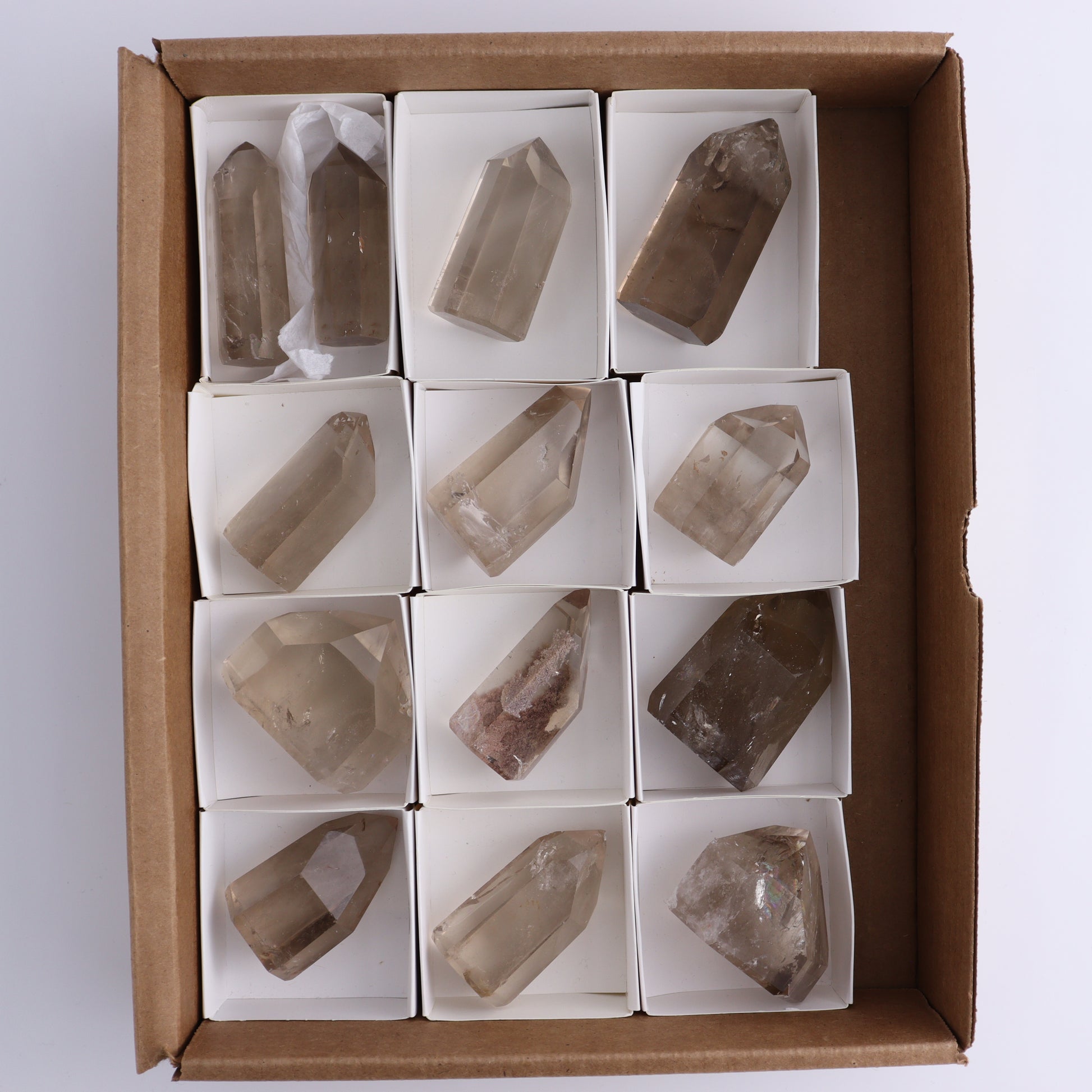 Smoky Quartz Towers Set of 13 - Expert Wholesale and Supplier of Wholesale Crystals & Bulk Gemstones, ["Points","Quartz","Smoky Quartz","Towers"]