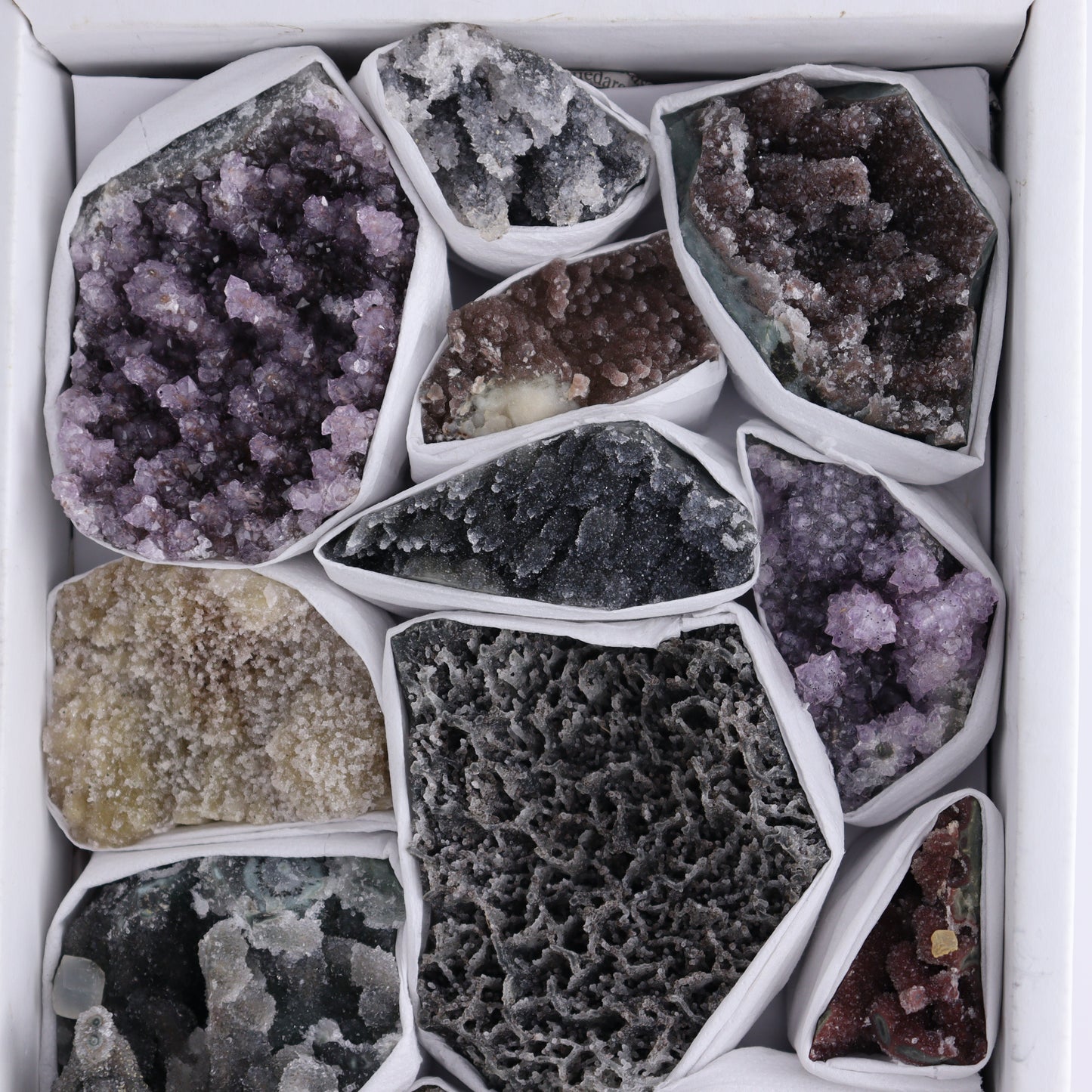 Uruguay Amethyst Clusters with Formations Flat of 13 - Expert Wholesale and Supplier of Wholesale Crystals & Bulk Gemstones, ["Amethyst","Calcite","Clusters","Formations","Uruguay"]