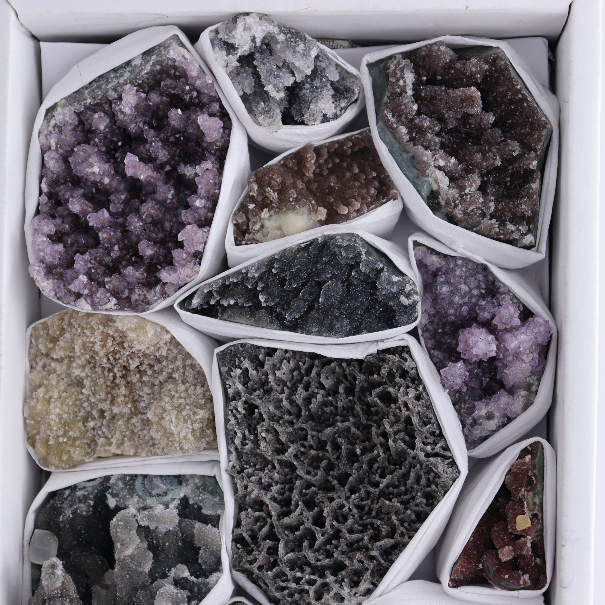 Uruguay Amethyst Clusters with Formations Flat of 13 - Expert Wholesale and Supplier of Wholesale Crystals & Bulk Gemstones, ["Amethyst","Calcite","Clusters","Formations","Uruguay"]