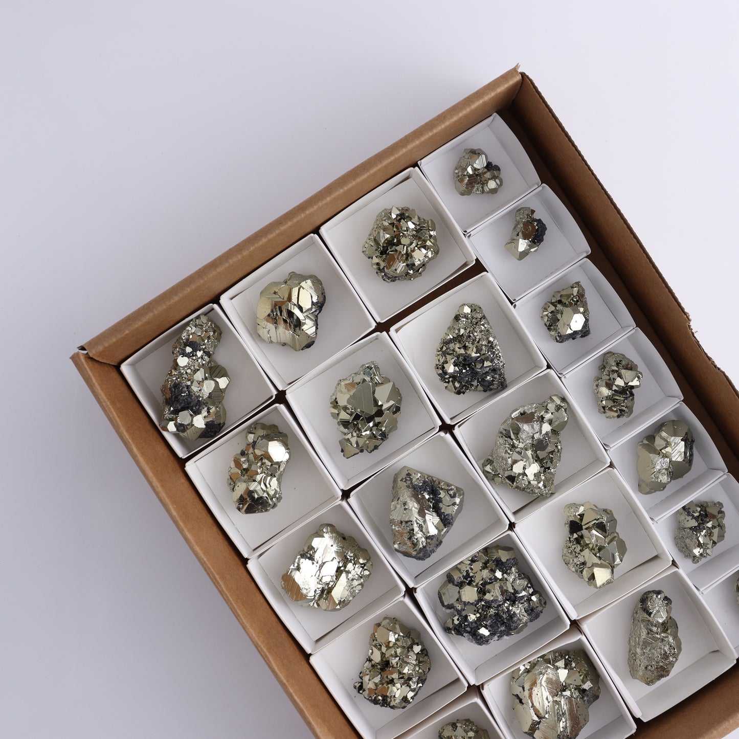 Octahedral Pyrite Clusters Set of 22 - Expert Wholesale and Supplier of Wholesale Crystals & Bulk Gemstones, ["Clusters","Octahedral Pyrite","Peru","Pyrite"]