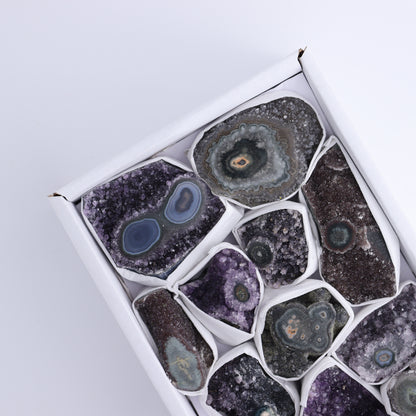 Uruguay Amethyst Clusters with "Eyes" Flat of 12 - Expert Wholesale and Supplier of Wholesale Crystals & Bulk Gemstones, ["Amethyst","Clusters","Eyes Amethyst","Uruguay"]