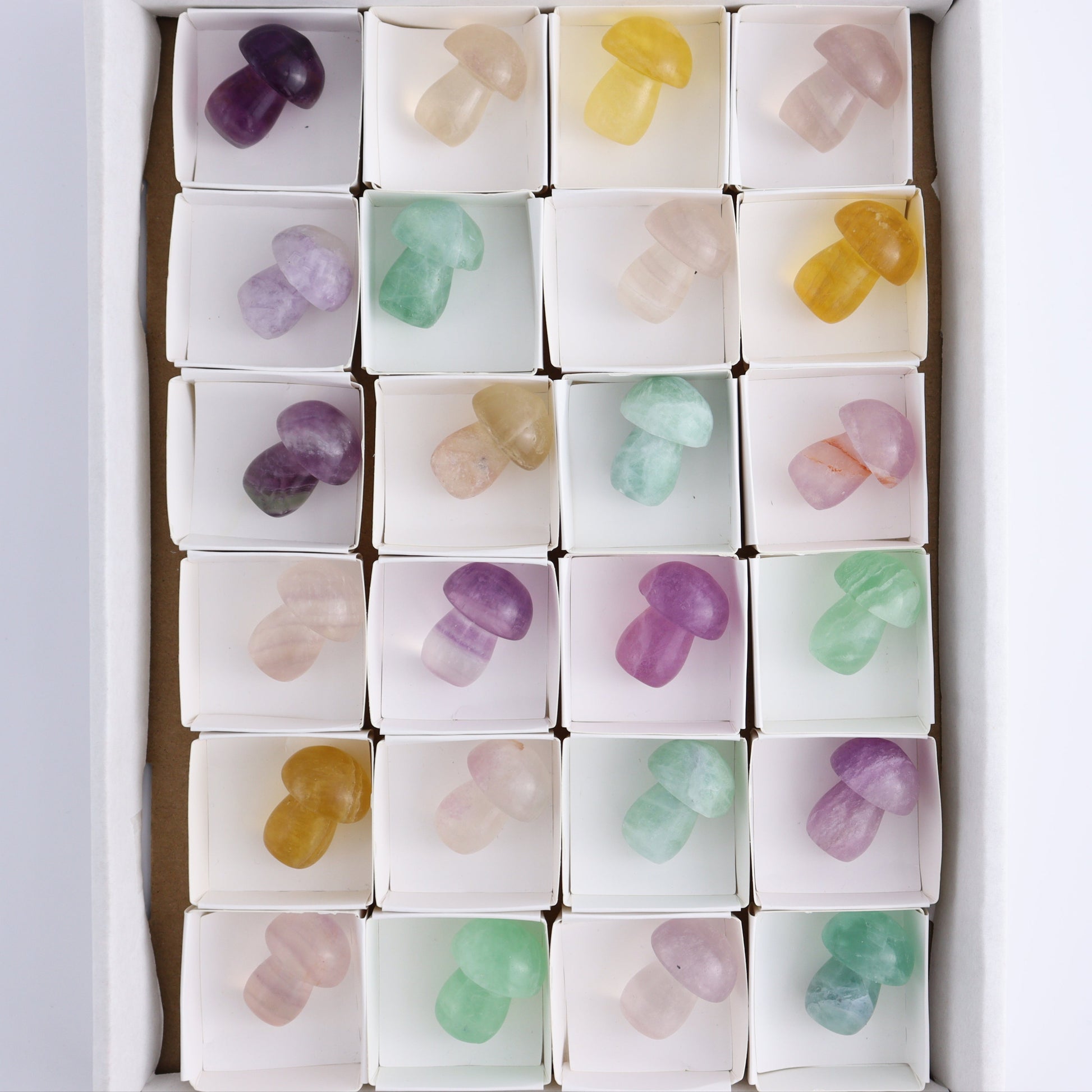 Fluorite Mushrooms Set of 24 - Expert Wholesale and Supplier of Wholesale Crystals & Bulk Gemstones, ["Fluorite","Mushrooms"]
