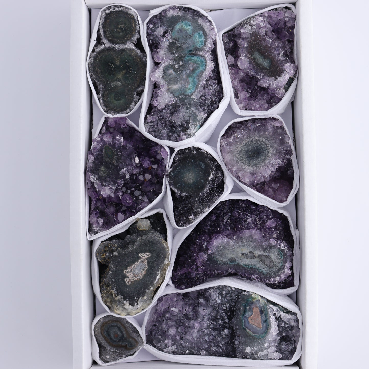 Uruguay Amethyst Clusters with "Eyes" Flat of 10 - Expert Wholesale and Supplier of Wholesale Crystals & Bulk Gemstones, ["Amethyst","Clusters","Eyes Amethyst","Uruguay"]