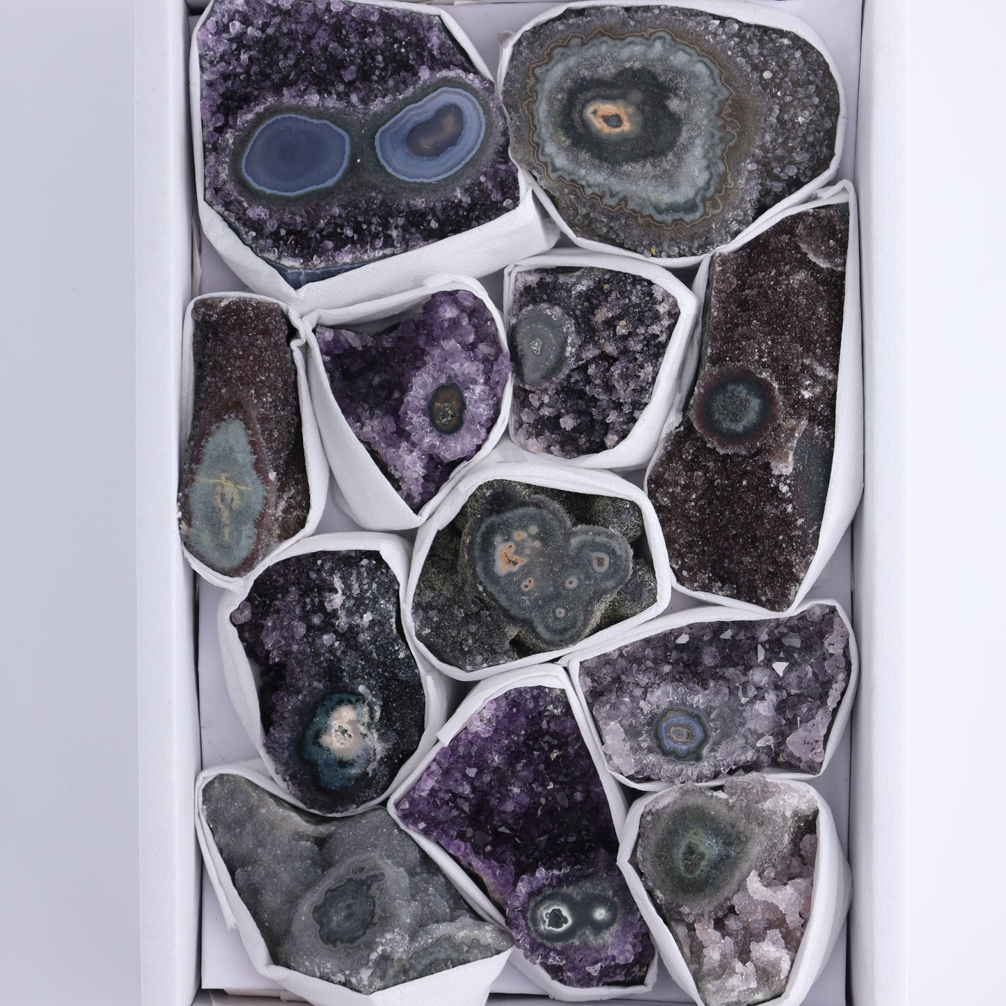 Uruguay Amethyst Clusters with "Eyes" Flat of 12 - Expert Wholesale and Supplier of Wholesale Crystals & Bulk Gemstones, ["Amethyst","Clusters","Eyes Amethyst","Uruguay"]