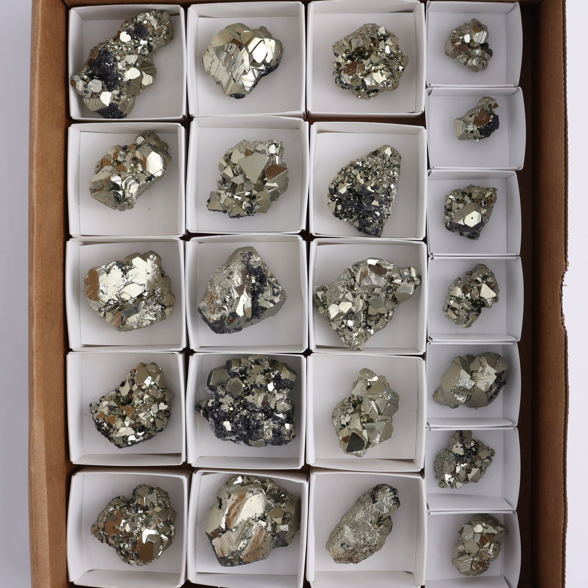 Octahedral Pyrite Clusters Set of 22 - Expert Wholesale and Supplier of Wholesale Crystals & Bulk Gemstones, ["Clusters","Octahedral Pyrite","Peru","Pyrite"]