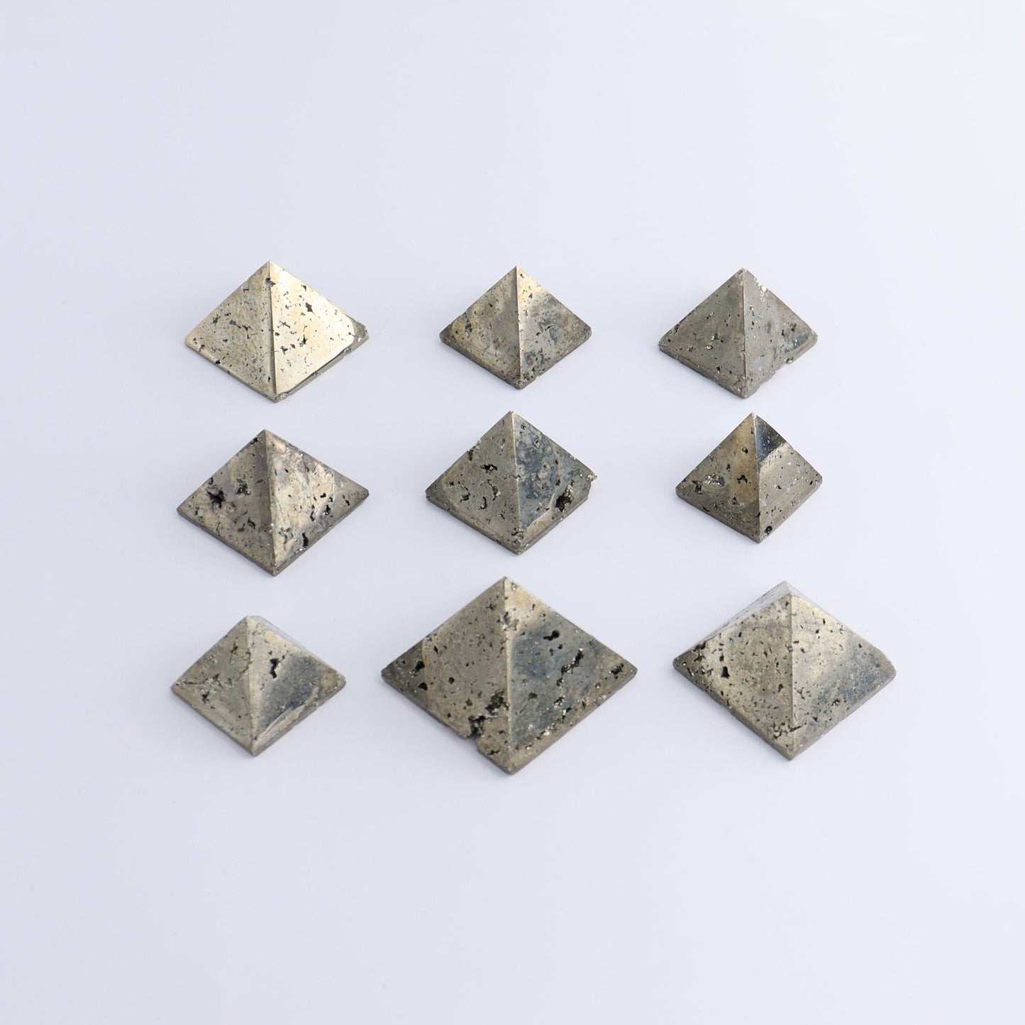 Pyrite Pyramids Set of 9 - Expert Wholesale and Supplier of Wholesale Crystals & Bulk Gemstones, ["Pyramids","Pyrite"]