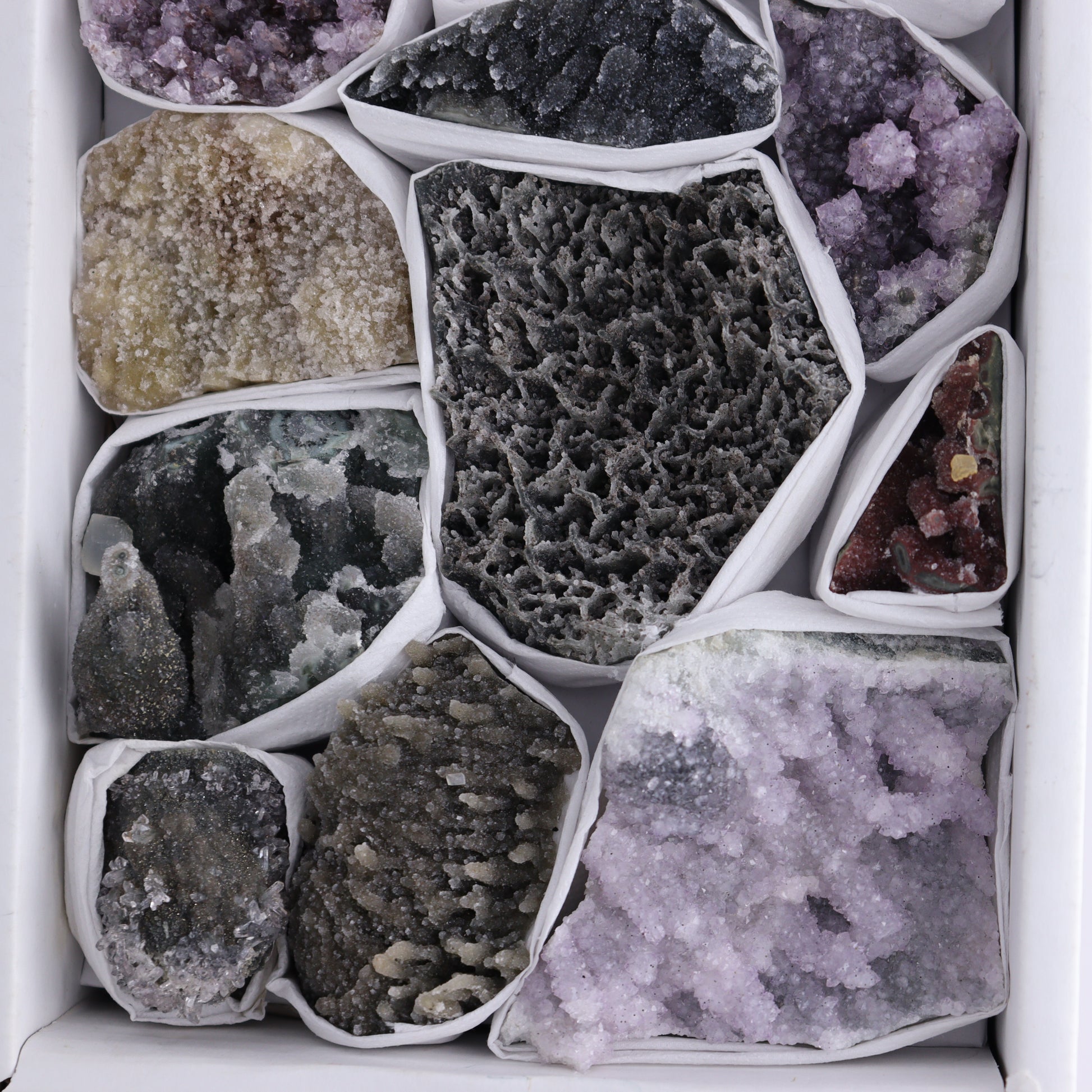 Uruguay Amethyst Clusters with Formations Flat of 13 - Expert Wholesale and Supplier of Wholesale Crystals & Bulk Gemstones, ["Amethyst","Calcite","Clusters","Formations","Uruguay"]