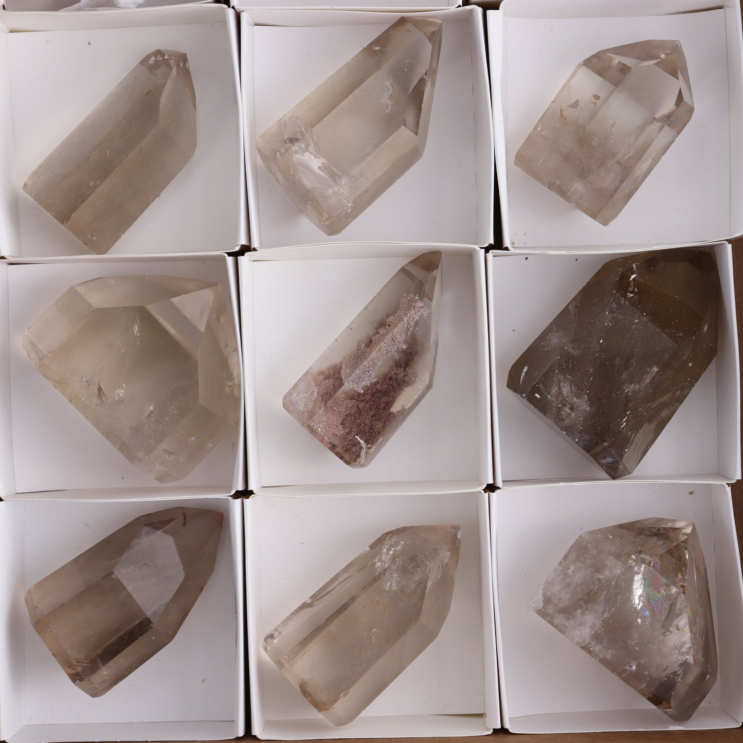 Smoky Quartz Towers Set of 13 - Expert Wholesale and Supplier of Wholesale Crystals & Bulk Gemstones, ["Points","Quartz","Smoky Quartz","Towers"]