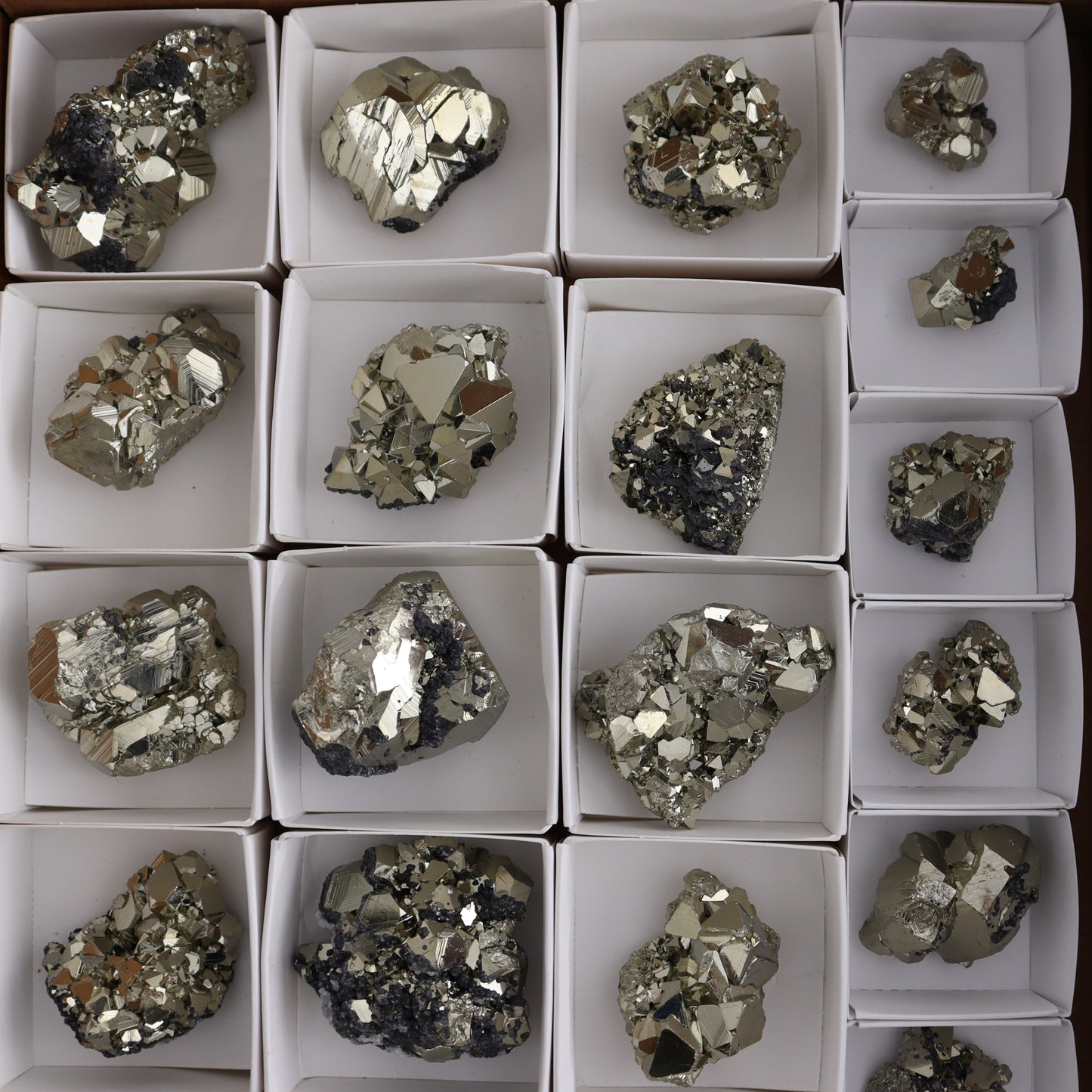 Octahedral Pyrite Clusters Set of 22 - Expert Wholesale and Supplier of Wholesale Crystals & Bulk Gemstones, ["Clusters","Octahedral Pyrite","Peru","Pyrite"]