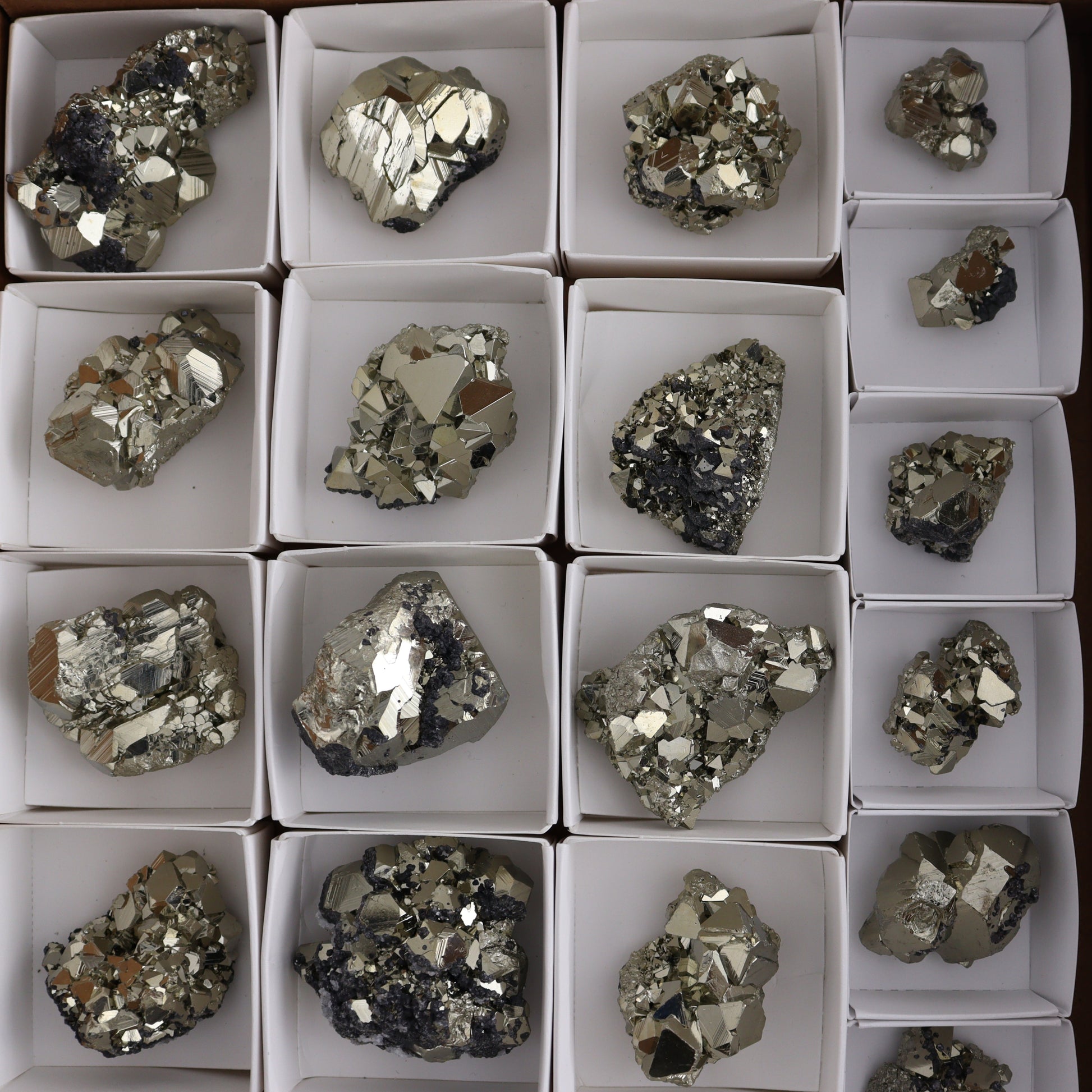 Octahedral Pyrite Clusters Set of 22 - Expert Wholesale and Supplier of Wholesale Crystals & Bulk Gemstones, ["Clusters","Octahedral Pyrite","Peru","Pyrite"]