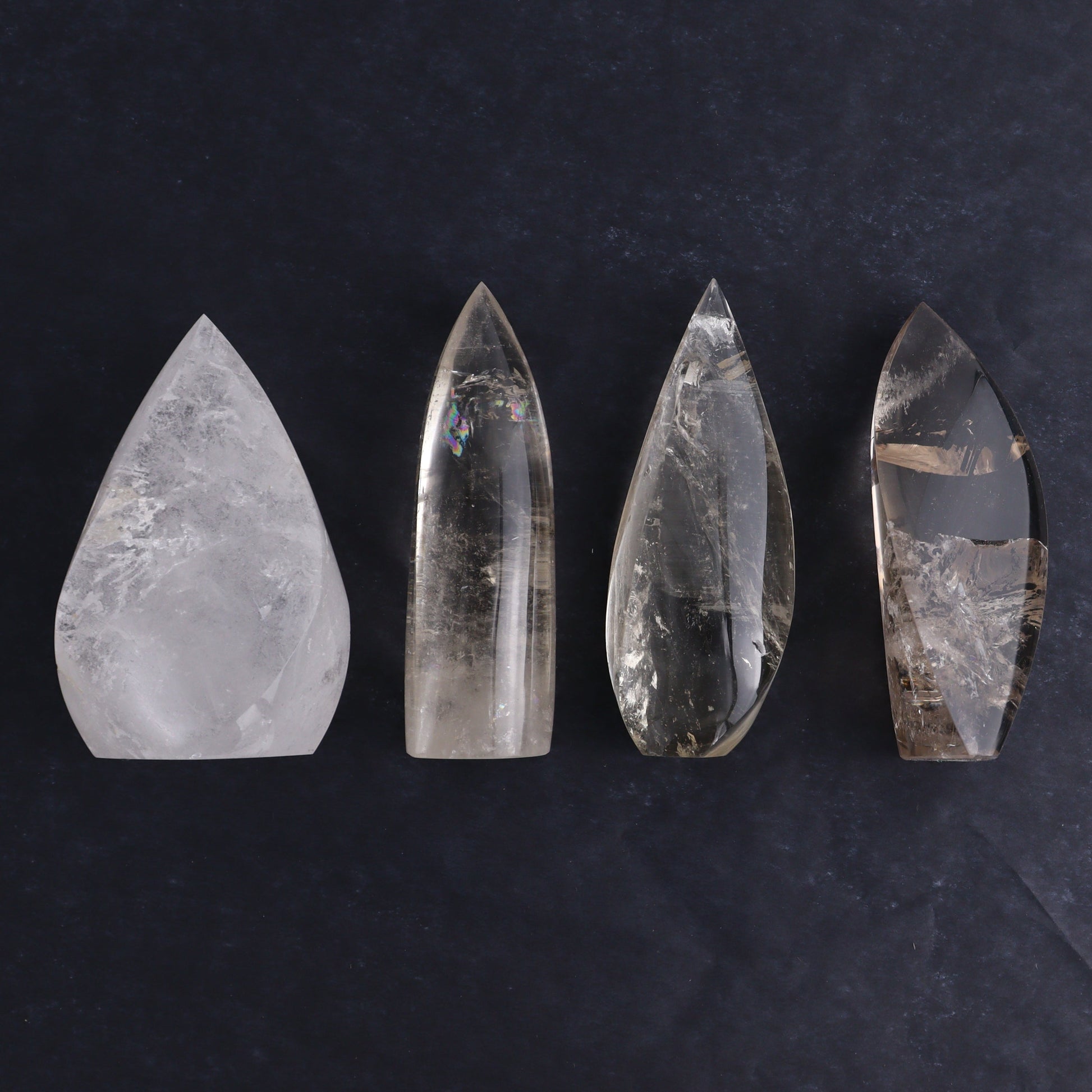 Imperfect Clear and Smoky Quartz Flames Set of 4 - Expert Wholesale and Supplier of Wholesale Crystals & Bulk Gemstones, ["Brazil","Clear Quartz","flames","Quartz","Smoky Quartz"]