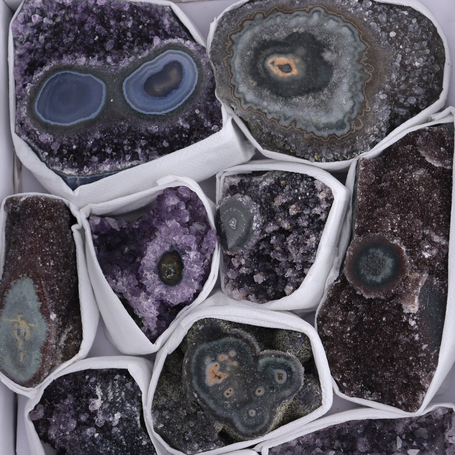 Uruguay Amethyst Clusters with "Eyes" Flat of 12 - Expert Wholesale and Supplier of Wholesale Crystals & Bulk Gemstones, ["Amethyst","Clusters","Eyes Amethyst","Uruguay"]