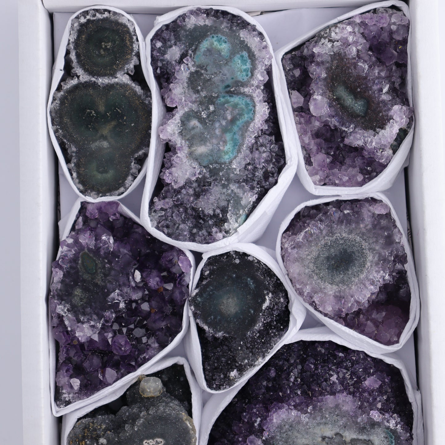 Uruguay Amethyst Clusters with "Eyes" Flat of 10 - Expert Wholesale and Supplier of Wholesale Crystals & Bulk Gemstones, ["Amethyst","Clusters","Eyes Amethyst","Uruguay"]