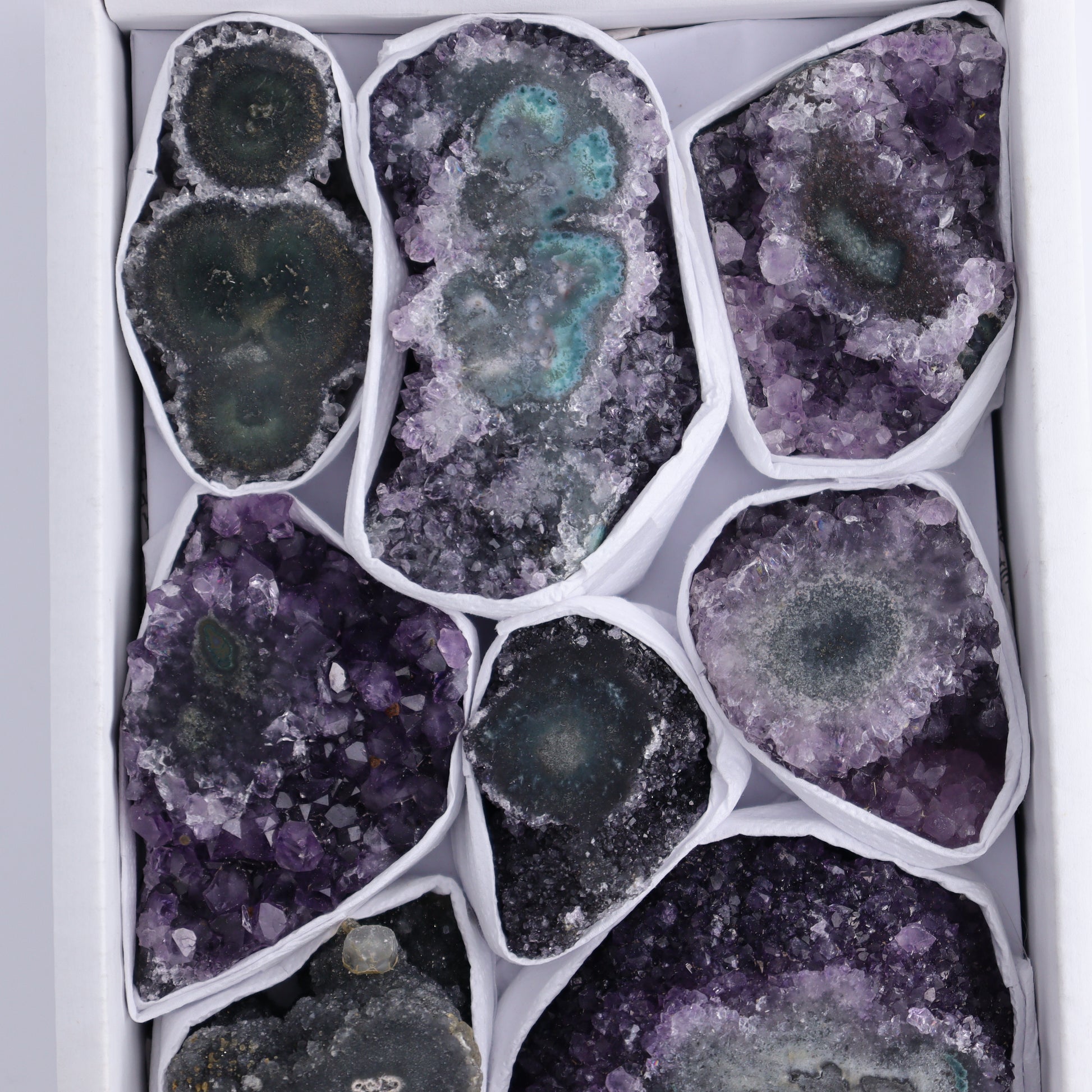 Uruguay Amethyst Clusters with "Eyes" Flat of 10 - Expert Wholesale and Supplier of Wholesale Crystals & Bulk Gemstones, ["Amethyst","Clusters","Eyes Amethyst","Uruguay"]