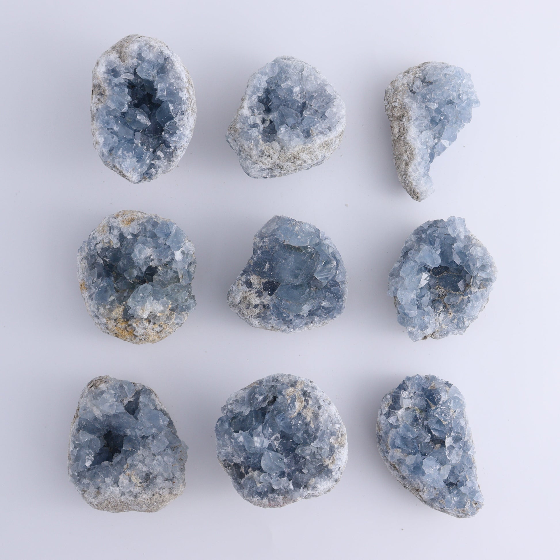 Celestite Clusters Set of 9 - Expert Wholesale and Supplier of Wholesale Crystals & Bulk Gemstones, ["Celestite","Freeform"]