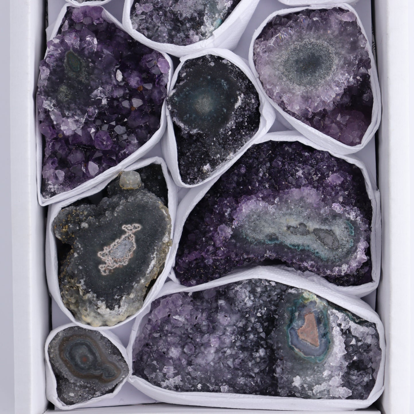 Uruguay Amethyst Clusters with "Eyes" Flat of 10 - Expert Wholesale and Supplier of Wholesale Crystals & Bulk Gemstones, ["Amethyst","Clusters","Eyes Amethyst","Uruguay"]
