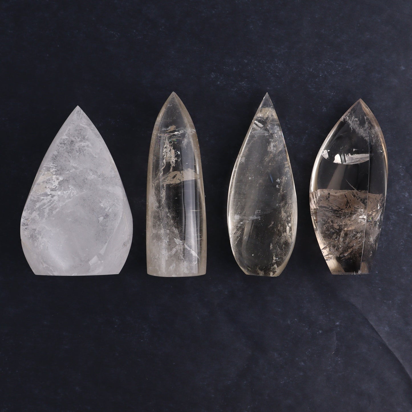 Imperfect Clear and Smoky Quartz Flames Set of 4 - Expert Wholesale and Supplier of Wholesale Crystals & Bulk Gemstones, ["Brazil","Clear Quartz","flames","Quartz","Smoky Quartz"]