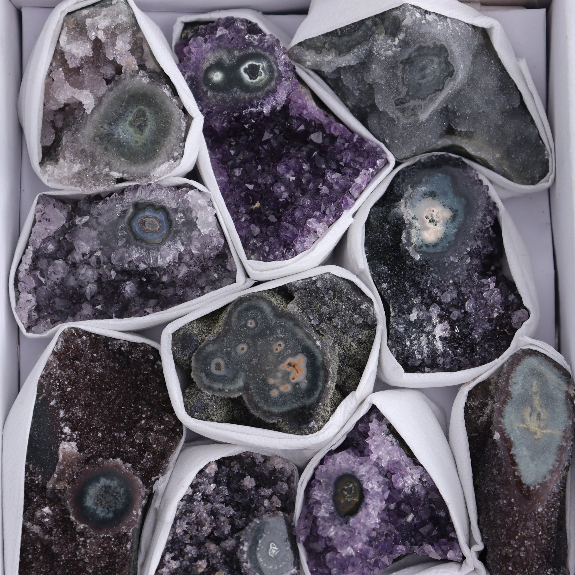 Uruguay Amethyst Clusters with "Eyes" Flat of 12 - Expert Wholesale and Supplier of Wholesale Crystals & Bulk Gemstones, ["Amethyst","Clusters","Eyes Amethyst","Uruguay"]