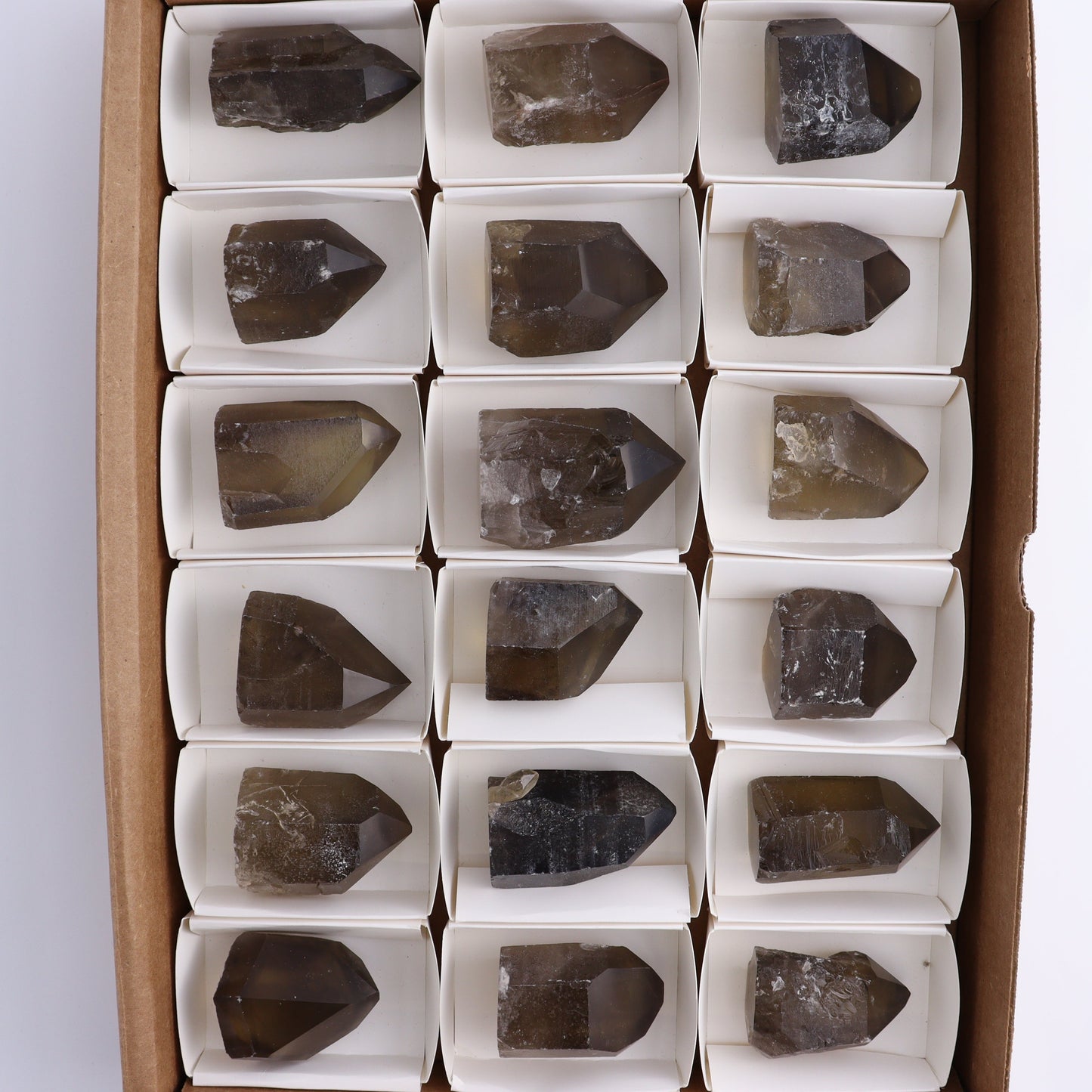 Smoky Quartz Polished Tops Set of 18 - Expert Wholesale and Supplier of Wholesale Crystals & Bulk Gemstones, ["Brazil","close_70","Points","Polished Tip","Quartz","Smoky Quartz"]