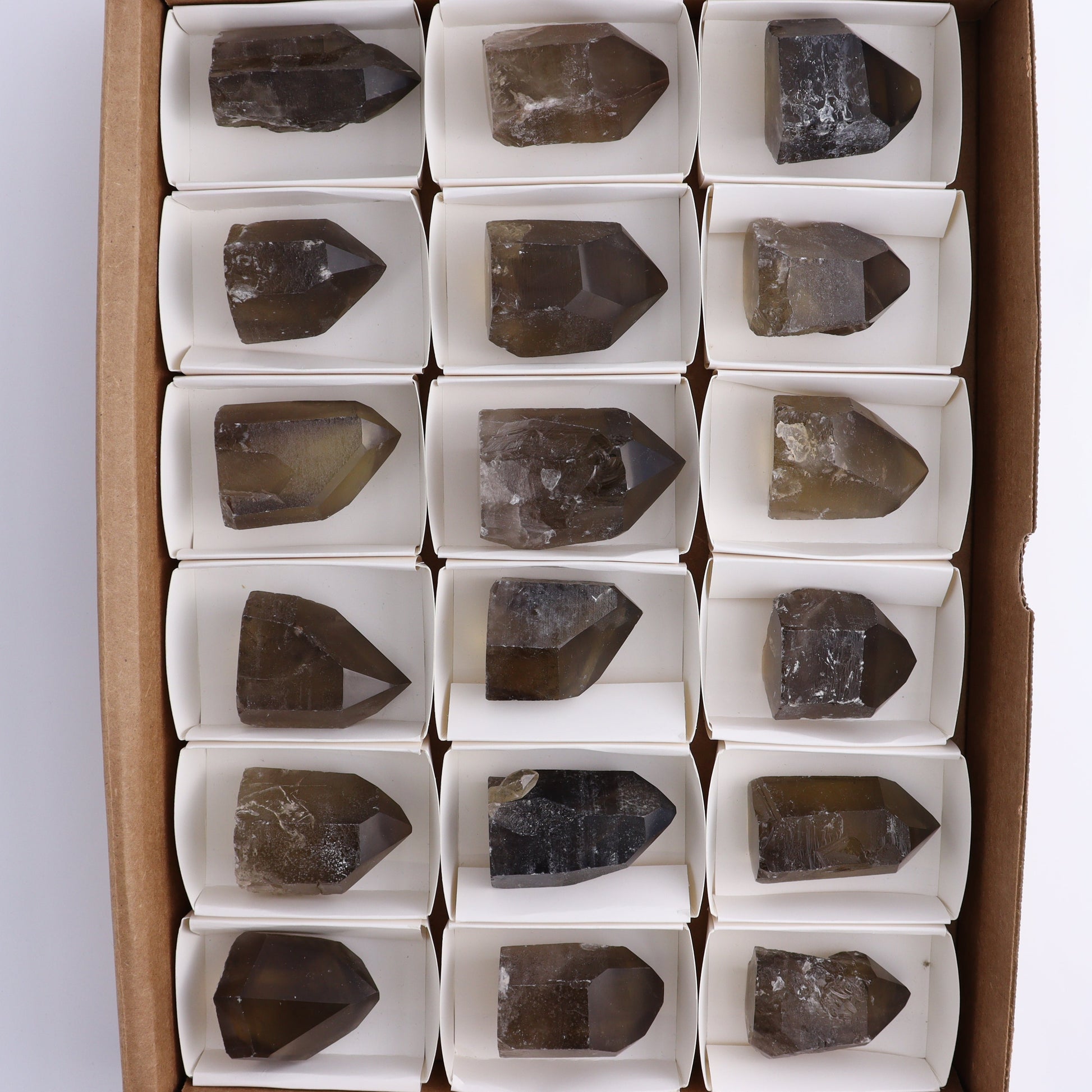 Smoky Quartz Polished Tops Set of 18 - Expert Wholesale and Supplier of Wholesale Crystals & Bulk Gemstones, ["Brazil","close_70","Points","Polished Tip","Quartz","Smoky Quartz"]