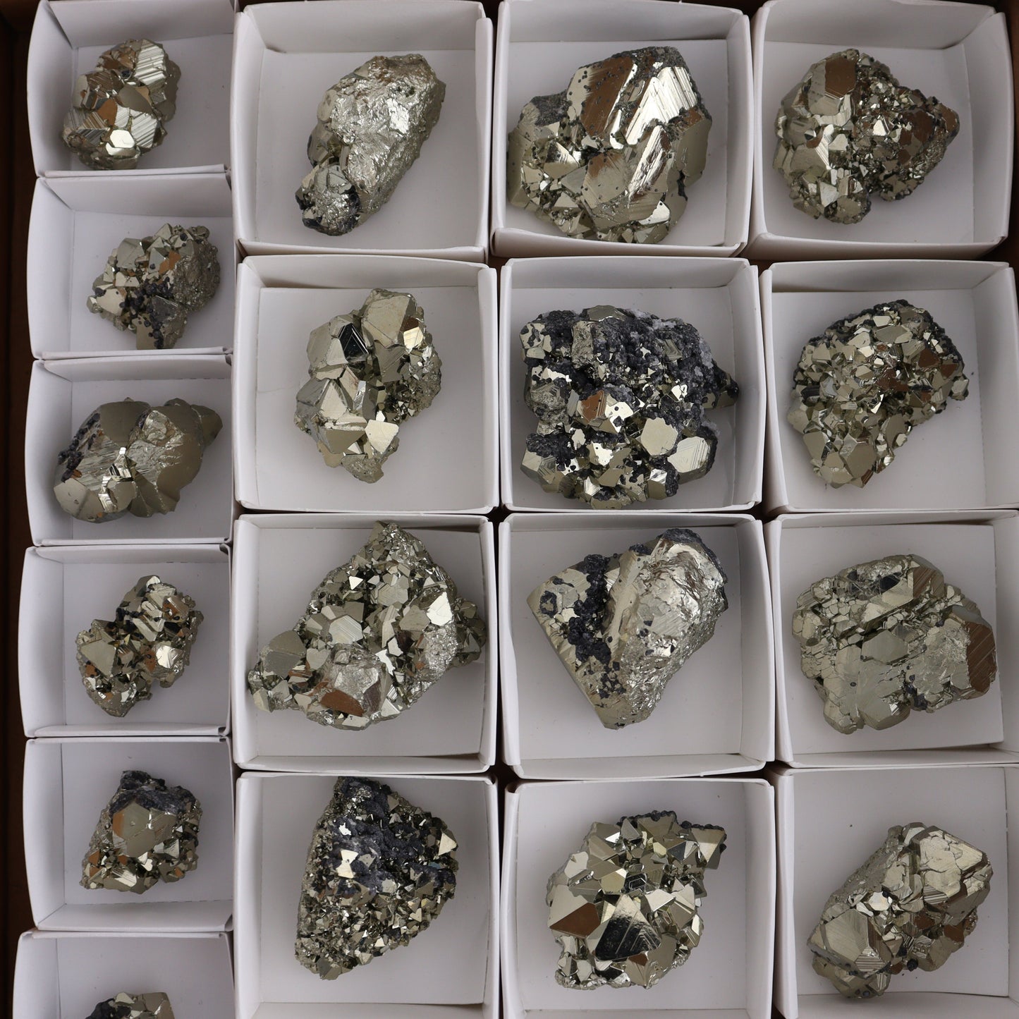 Octahedral Pyrite Clusters Set of 22 - Expert Wholesale and Supplier of Wholesale Crystals & Bulk Gemstones, ["Clusters","Octahedral Pyrite","Peru","Pyrite"]