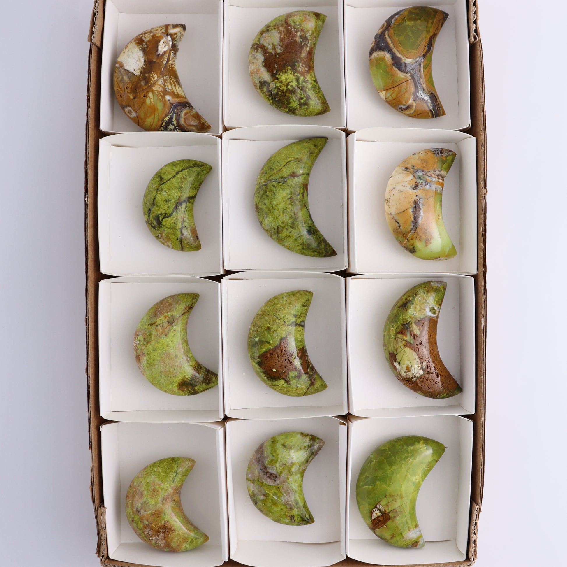 Green Opal Moons Set of 12 - Expert Wholesale and Supplier of Wholesale Crystals & Bulk Gemstones, ["green opal","moons"]