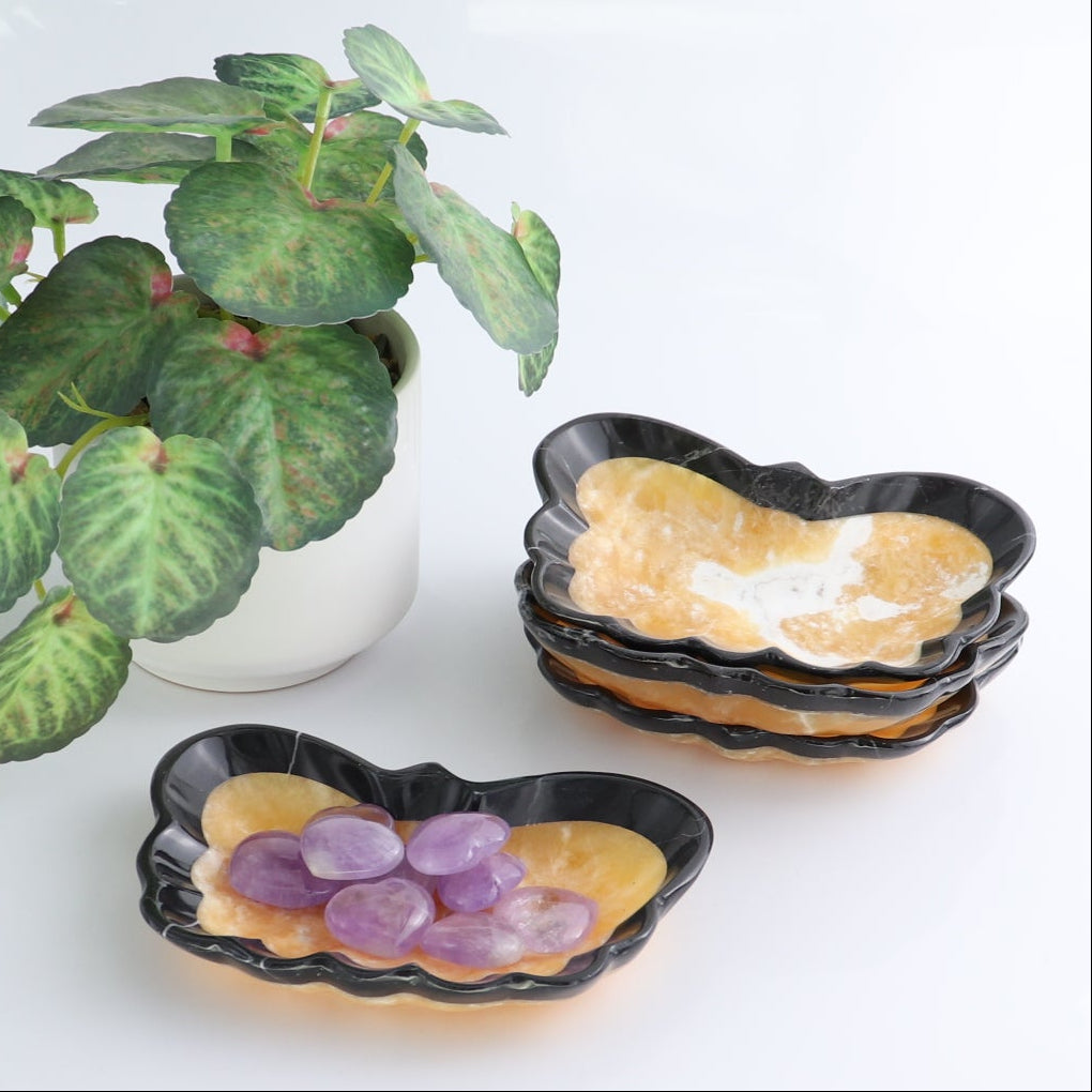 One Butterfly Bowl Mexican Onyx/Calcite Orange with Black Marble Polished Edge
